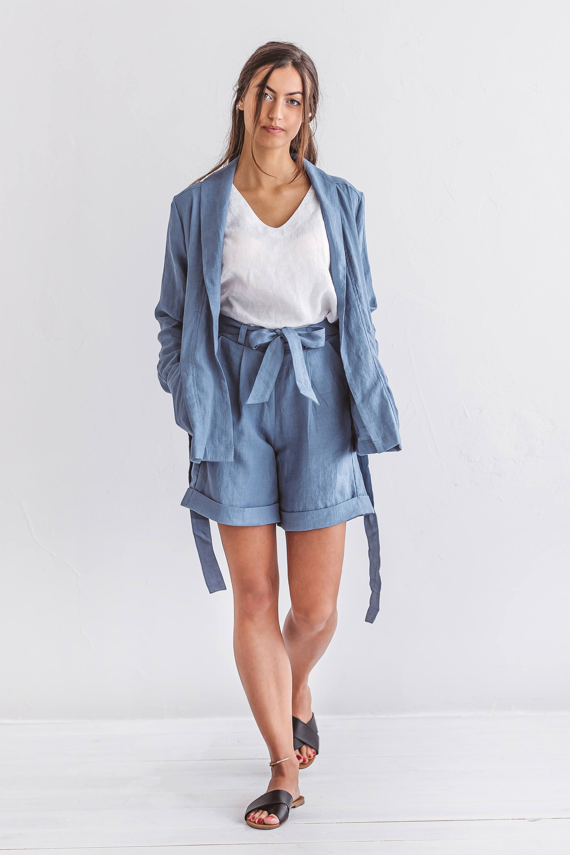 AMBER linen jacket blue set with shorts front view handmade linen jacket slow fashion