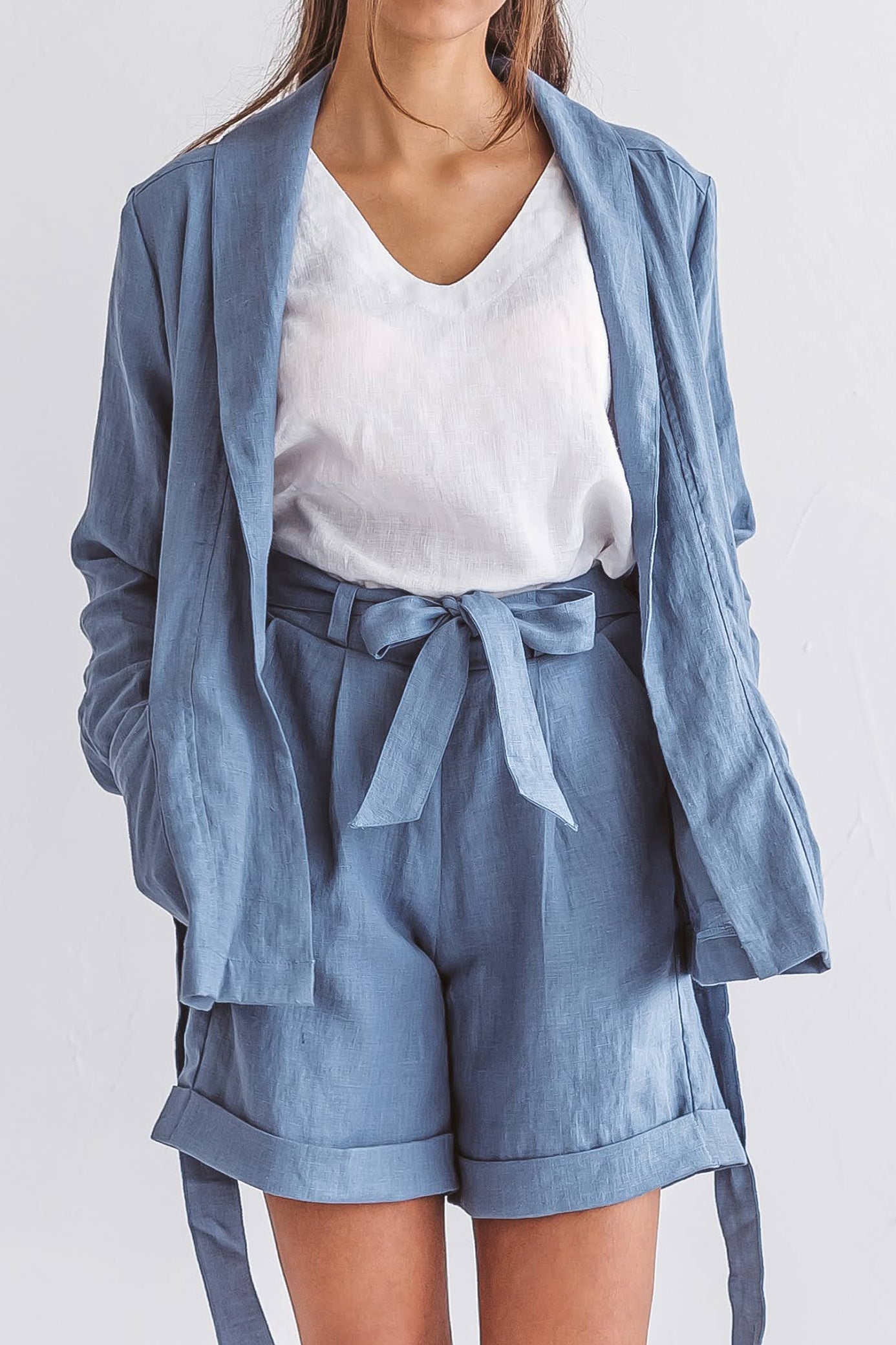 AMBER linen jacket blue set with shorts side view handmade linen jacket slow fashion
