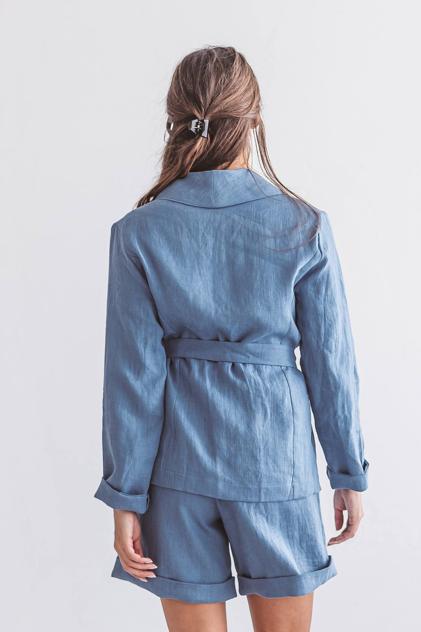 AMBER linen jacket blue walking pose handmade linen jacket slow fashion