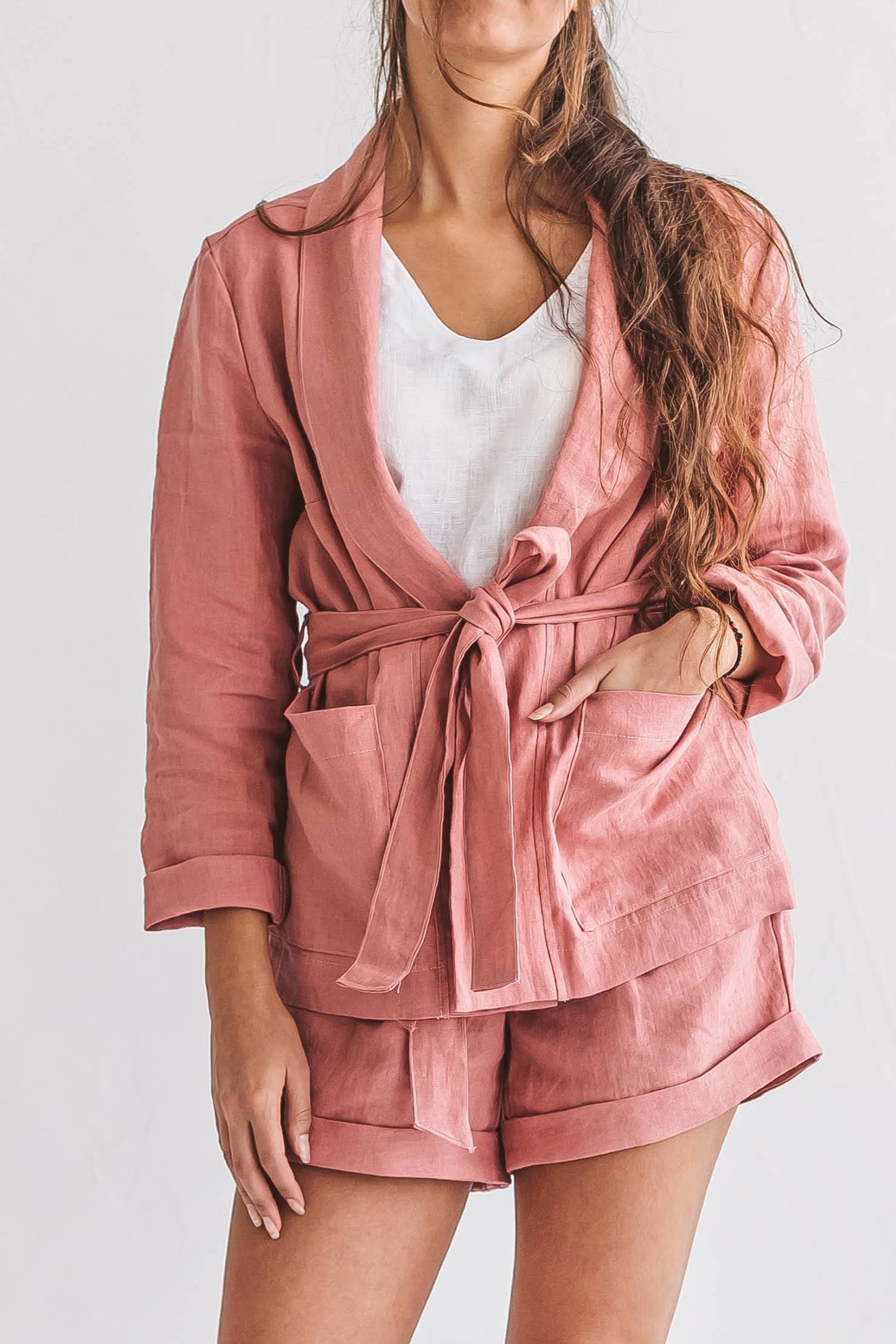 AMBER linen jacket dusty rose front detail handmade linen jacket slow fashion