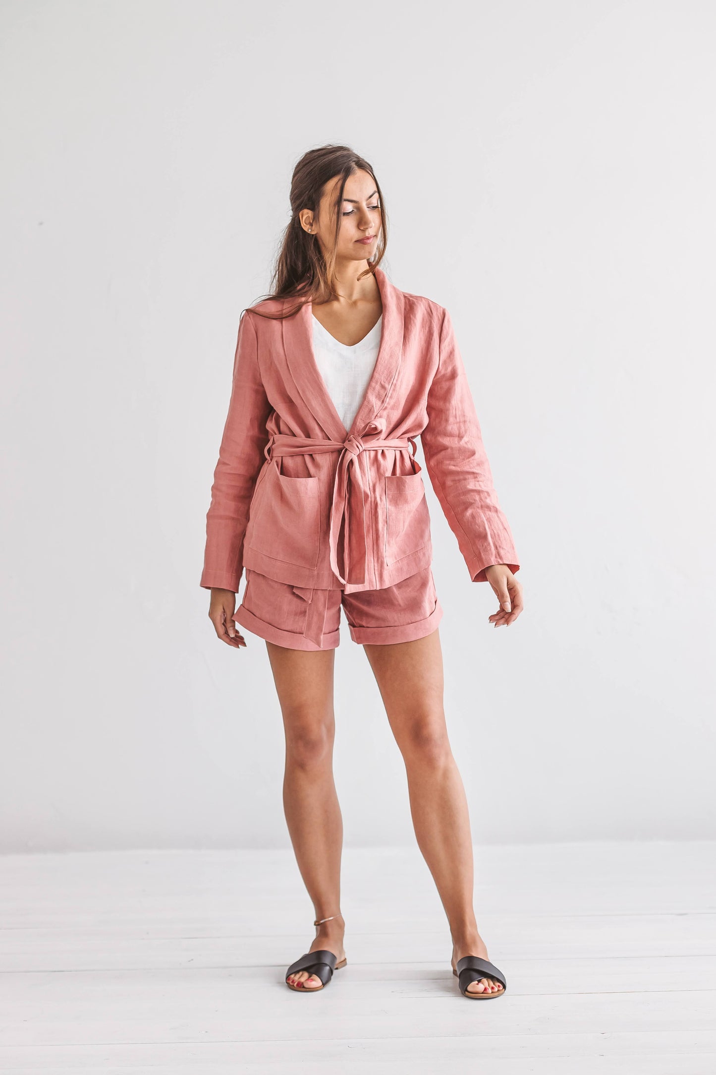 AMBER linen jacket dusty rose front view handmade linen jacket slow fashion