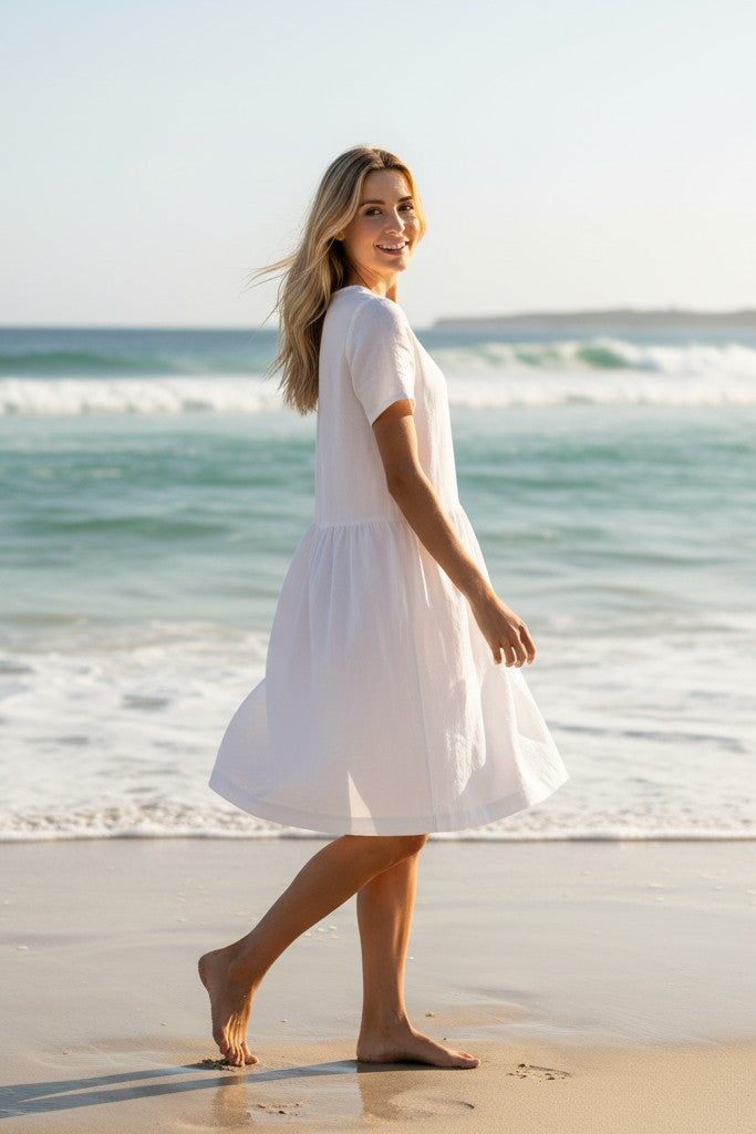 Amelia linen dress – white, back view