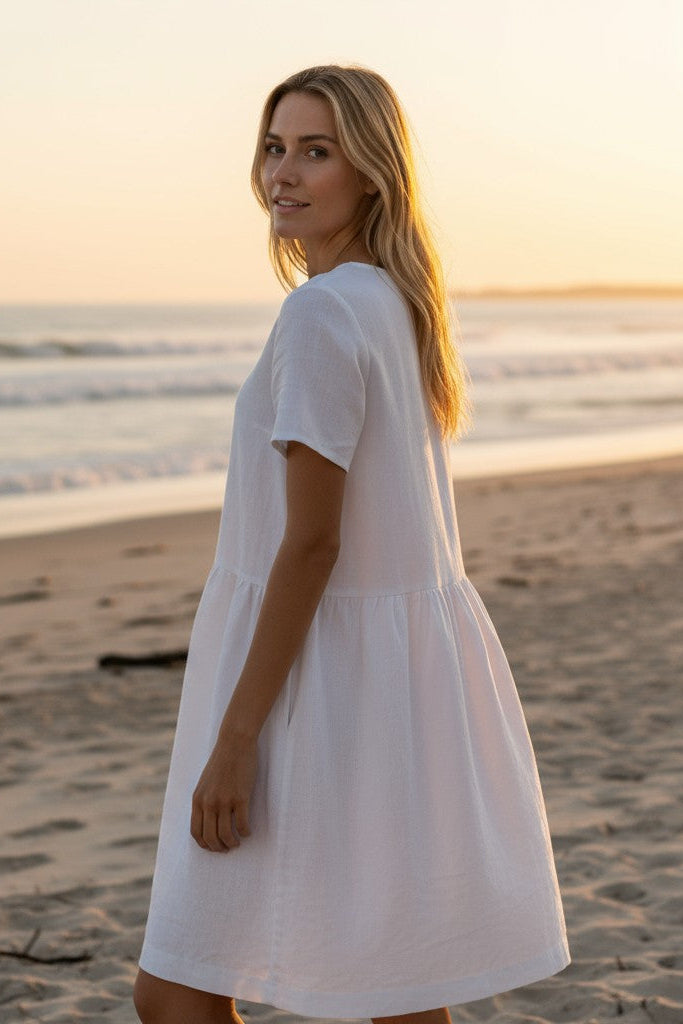 Amelia linen dress – white, natural light showing breathable linen fabric"
