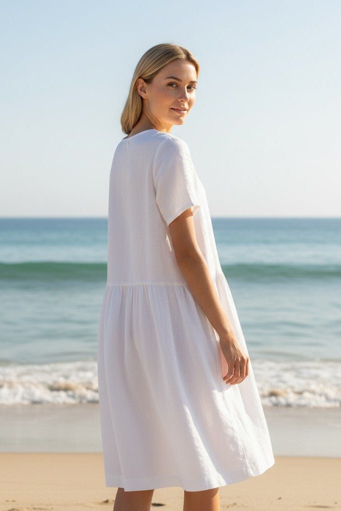 Amelia linen dress – white, boat neckline and short sleeve detail
