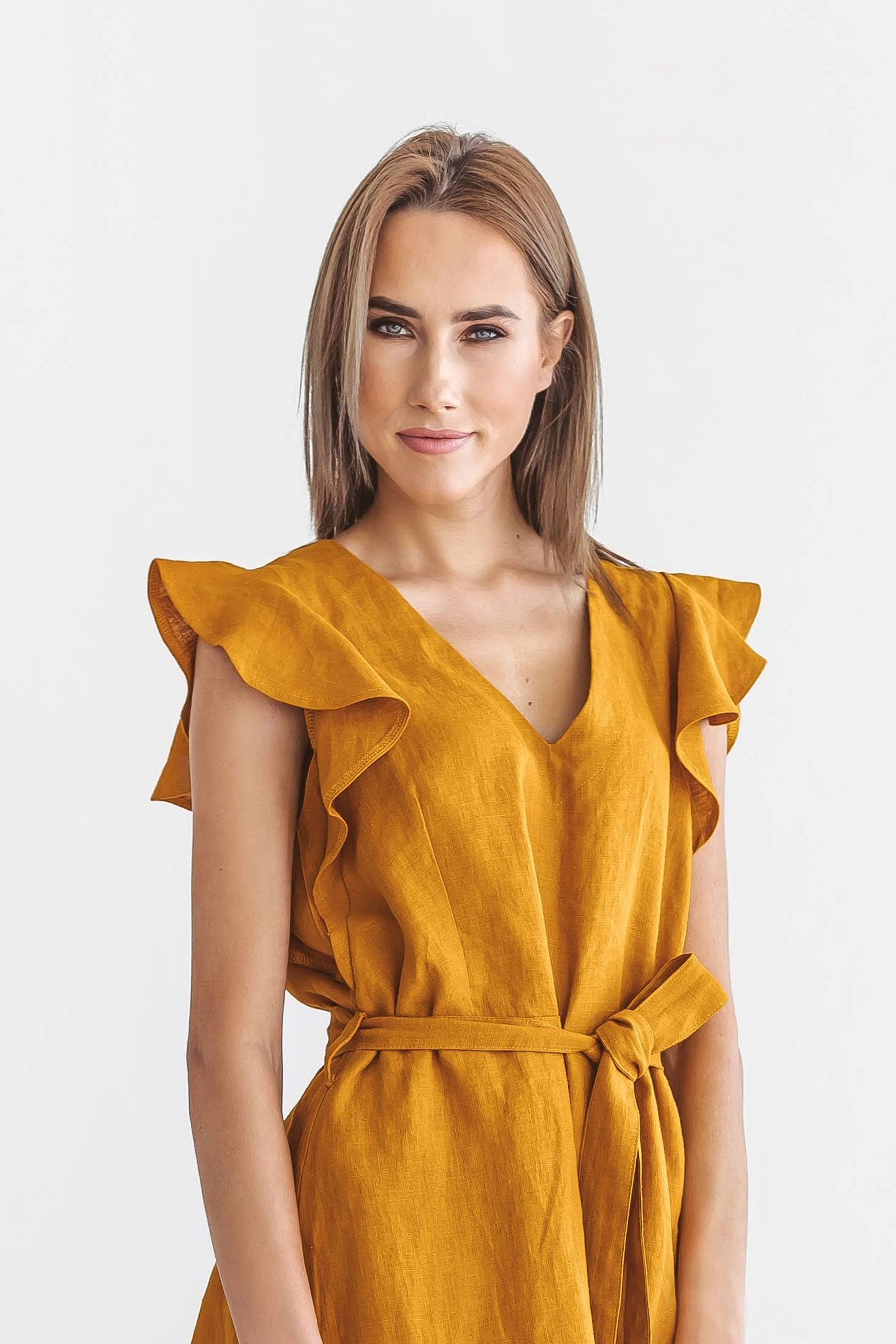 ANGELINA mustard linen dress close front view handmade linen dress slow fashion