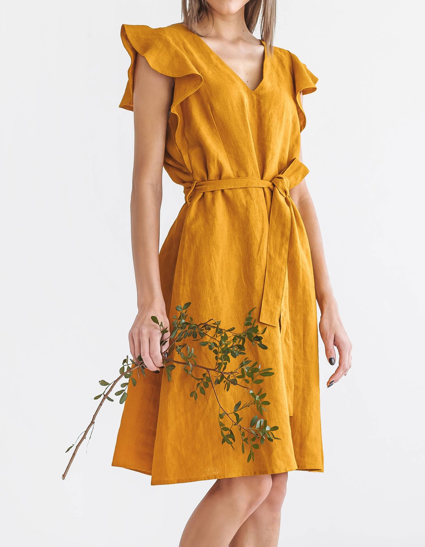 ANGELINA mustard linen dress detail close handmade linen dress slow fashion
