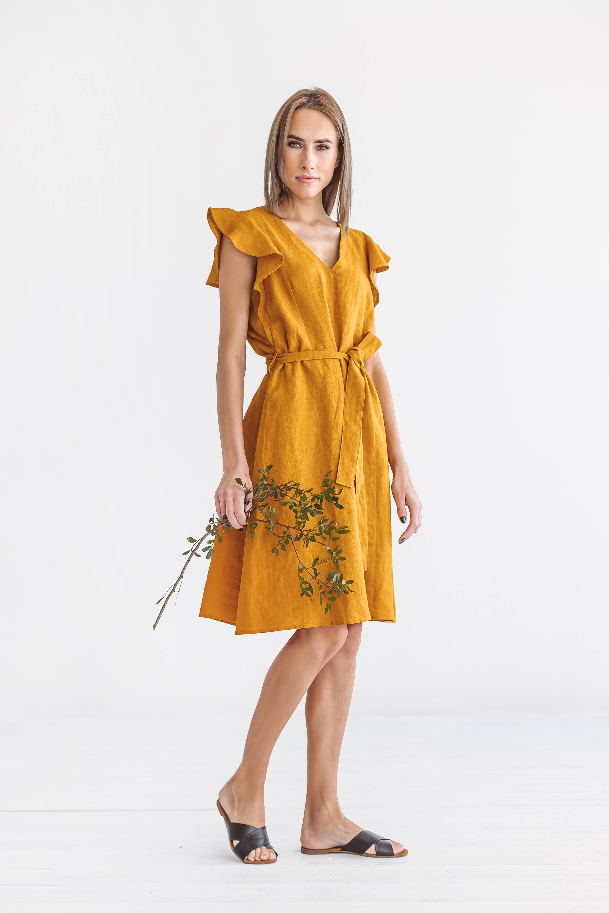 ANGELINA mustard linen dress front view full body handmade linen dress slow fashion