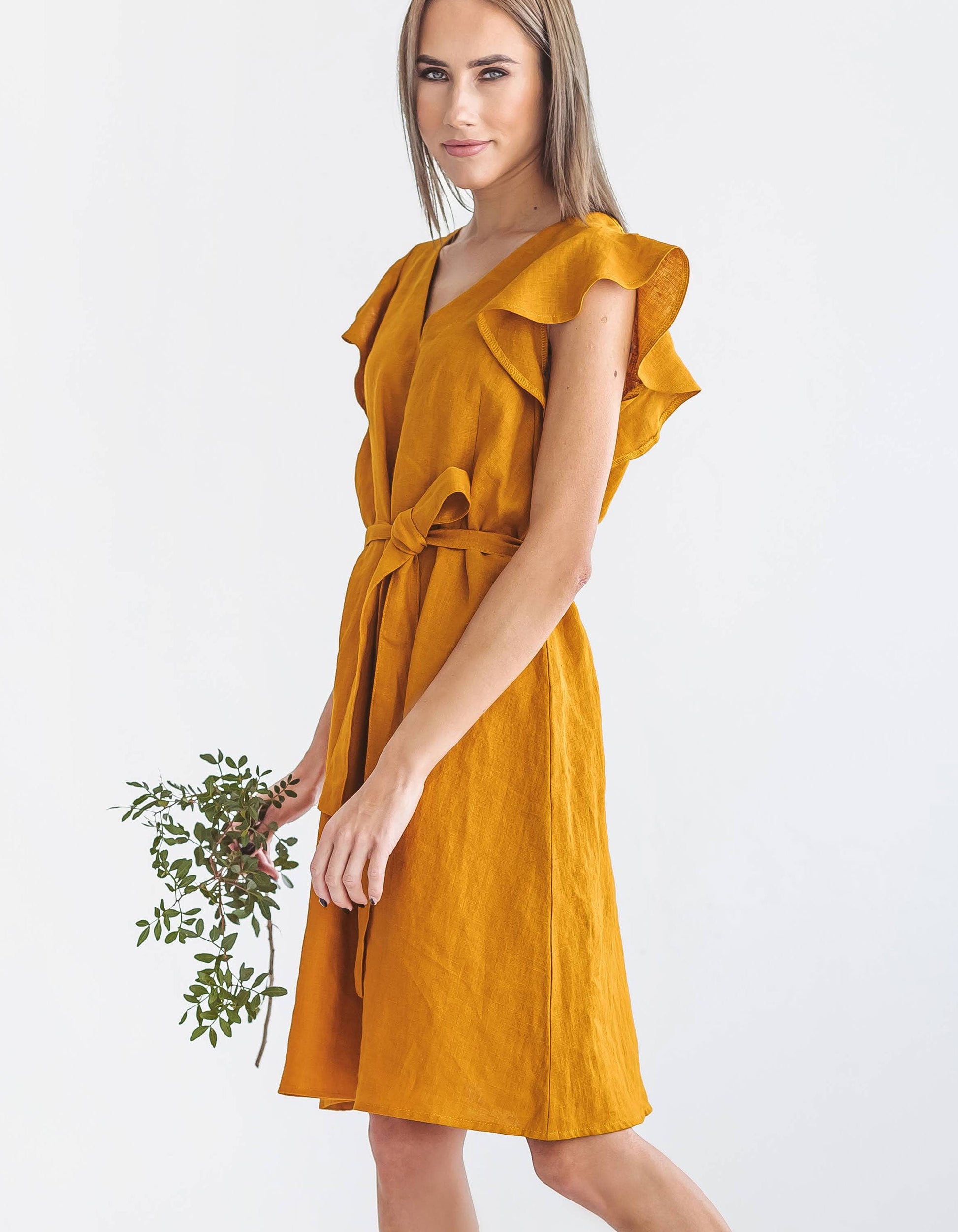 ANGELINA mustard linen dress profile close handmade linen dress slow fashion