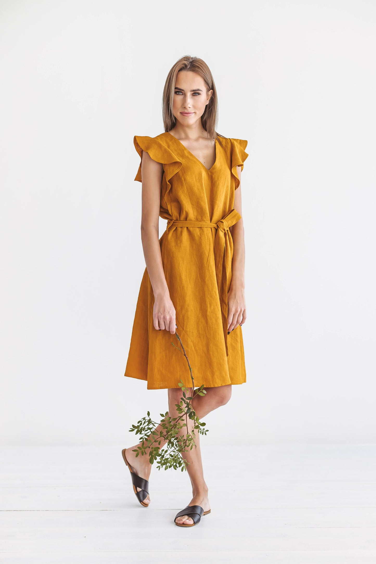 ANGELINA mustard linen dress standing view handmade linen dress slow fashion