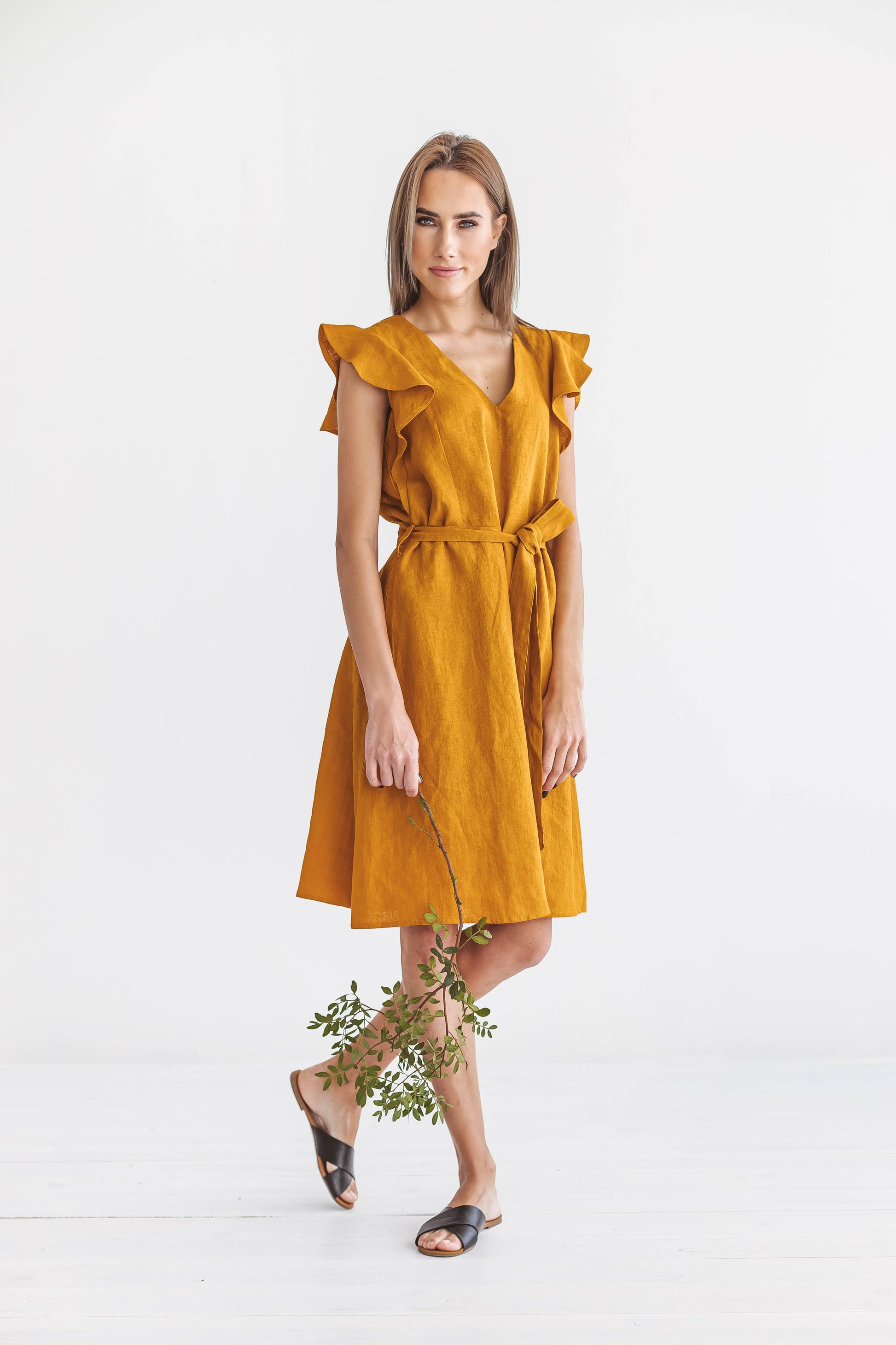 ANGELINA mustard linen dress standing view handmade linen dress slow fashion