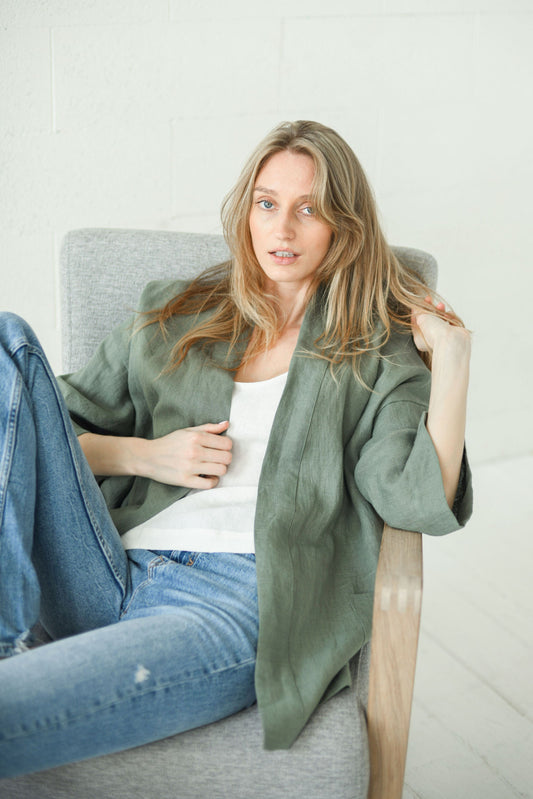 APRIL khaki linen jacket seated view handmade linen jacket slow fashion