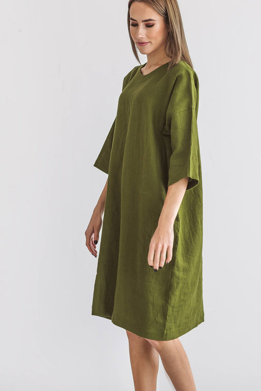 ARIA olive green linen dress side left full view handmade linen dress slow fashion