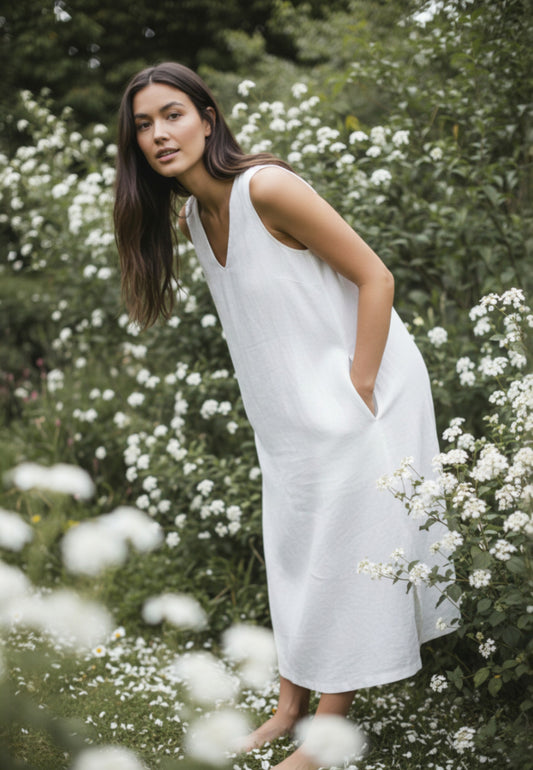 Woman in a white dress standing among white flowers and greenery