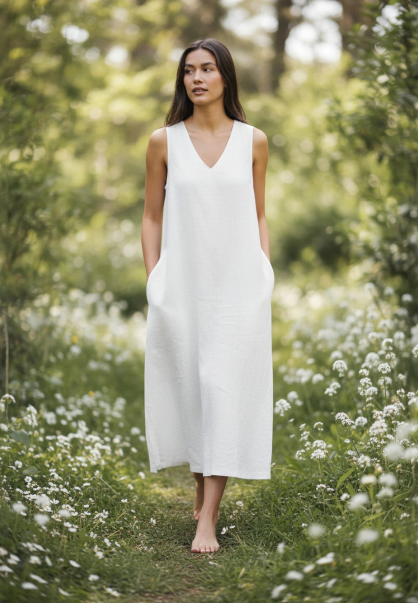 Woman in a white dress standing in a field of white flowers with greenery.