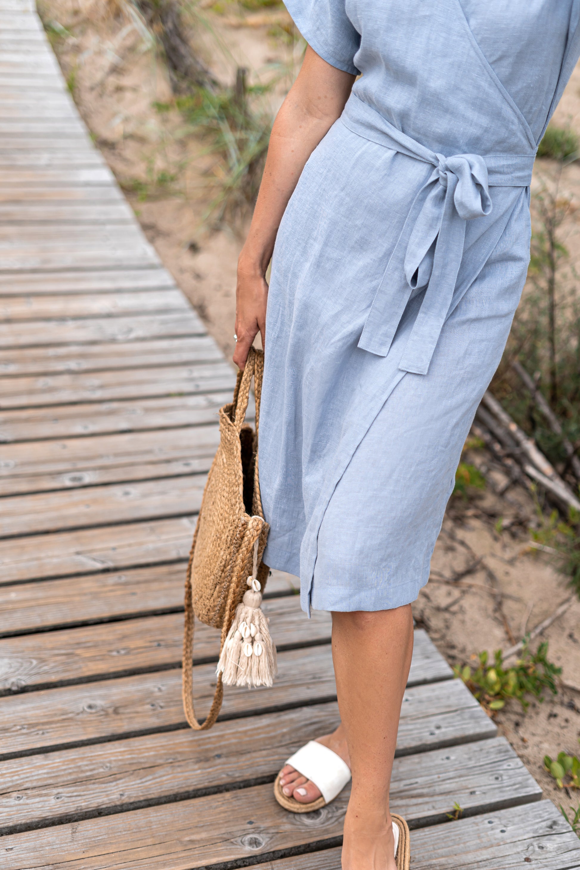 Emma linen dress close up view, handmade linen dress slow fashion