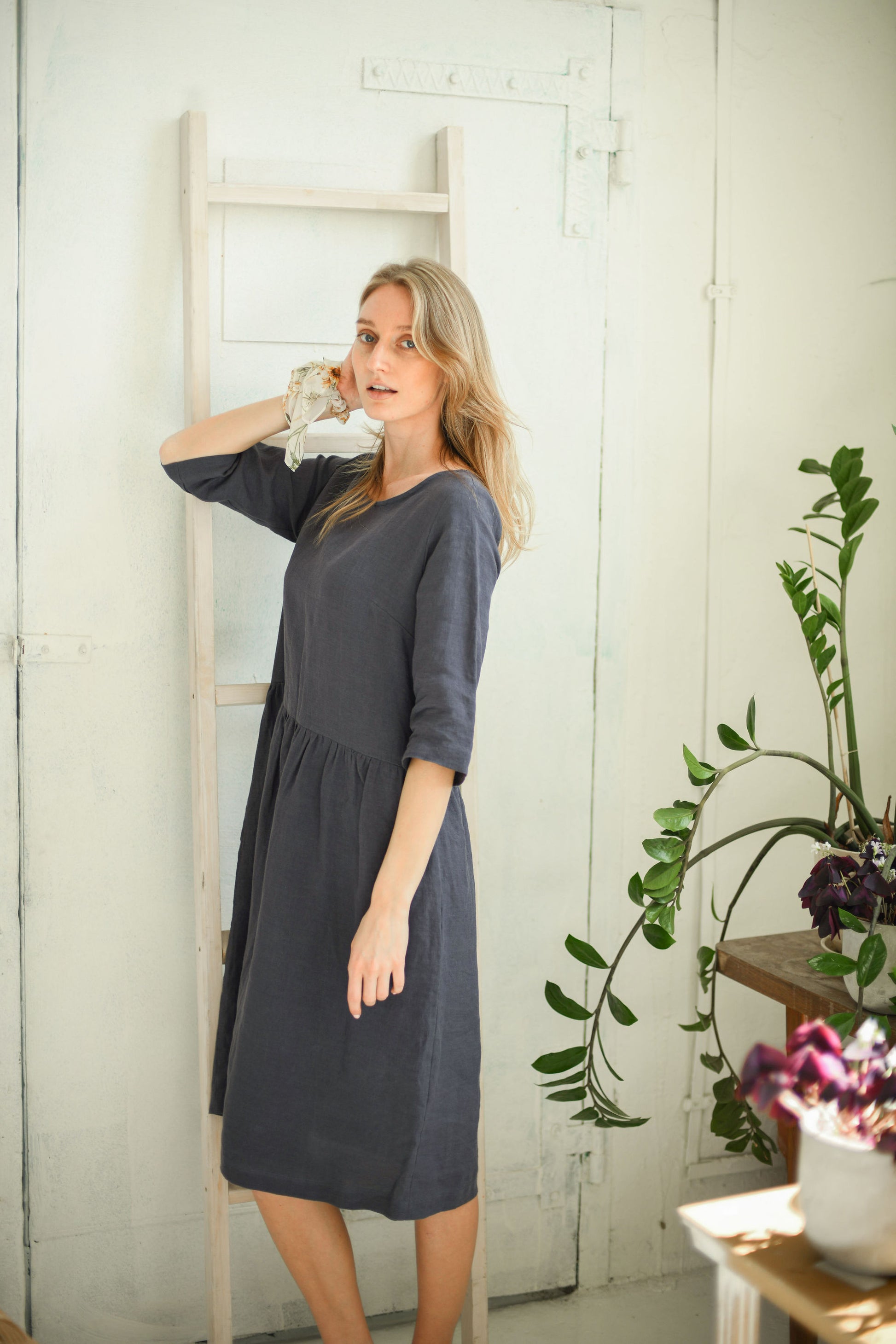 Erika linen dress side view handmade linen dress slow fashion