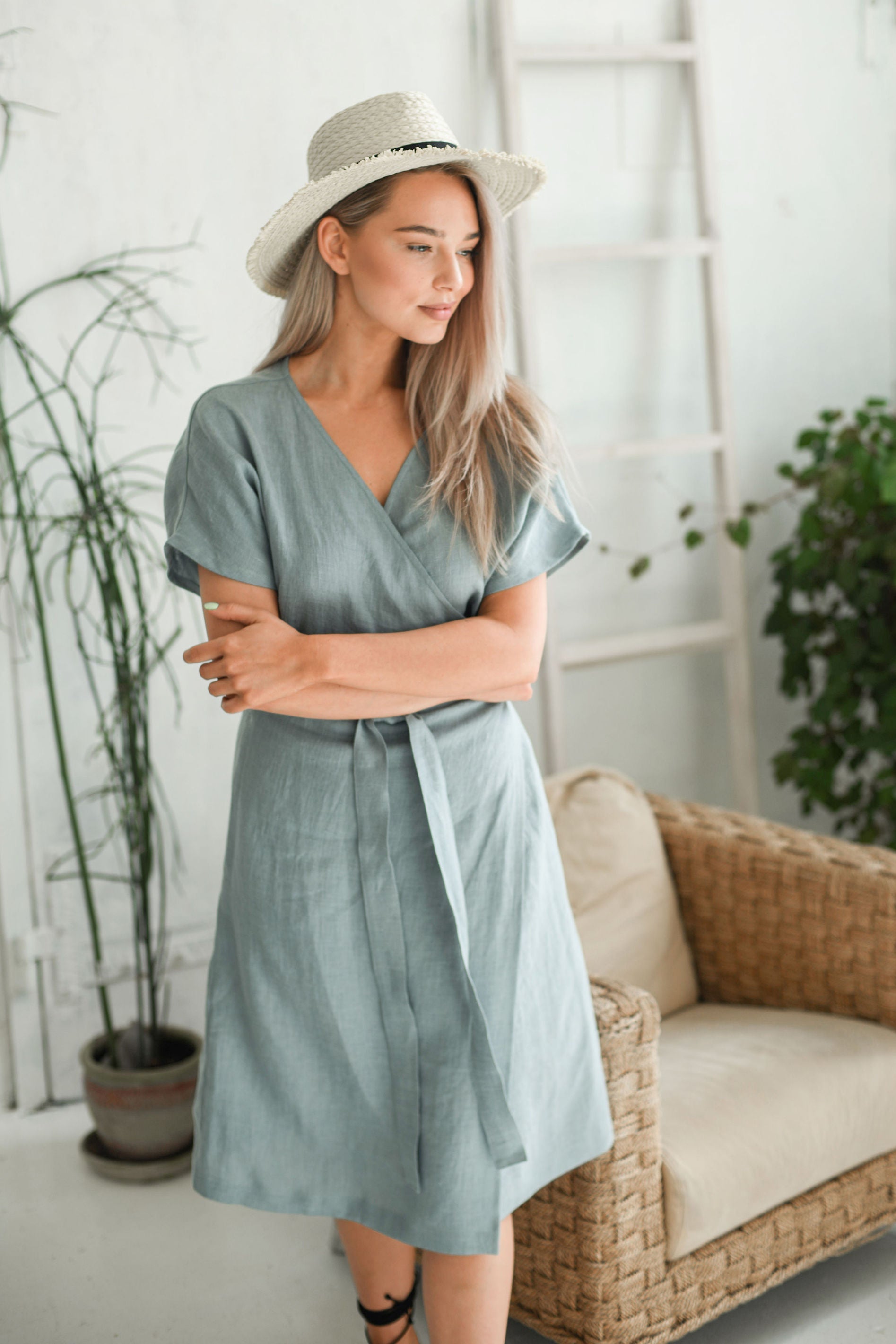 Emma linen dress three quarter view handmade linen dress slow fashion