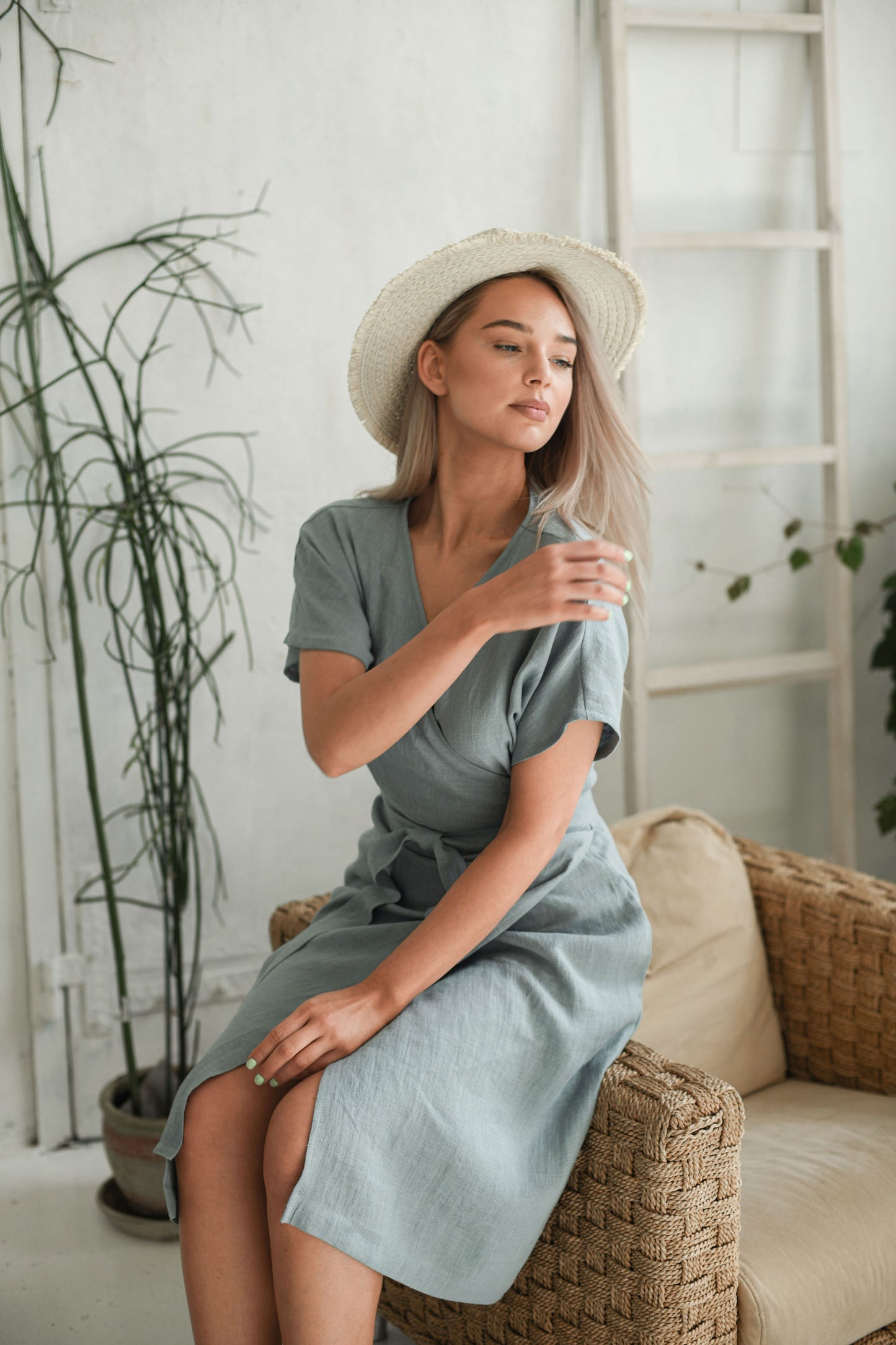 Emma linen dress tie waist detail handmade linen dress slow fashion