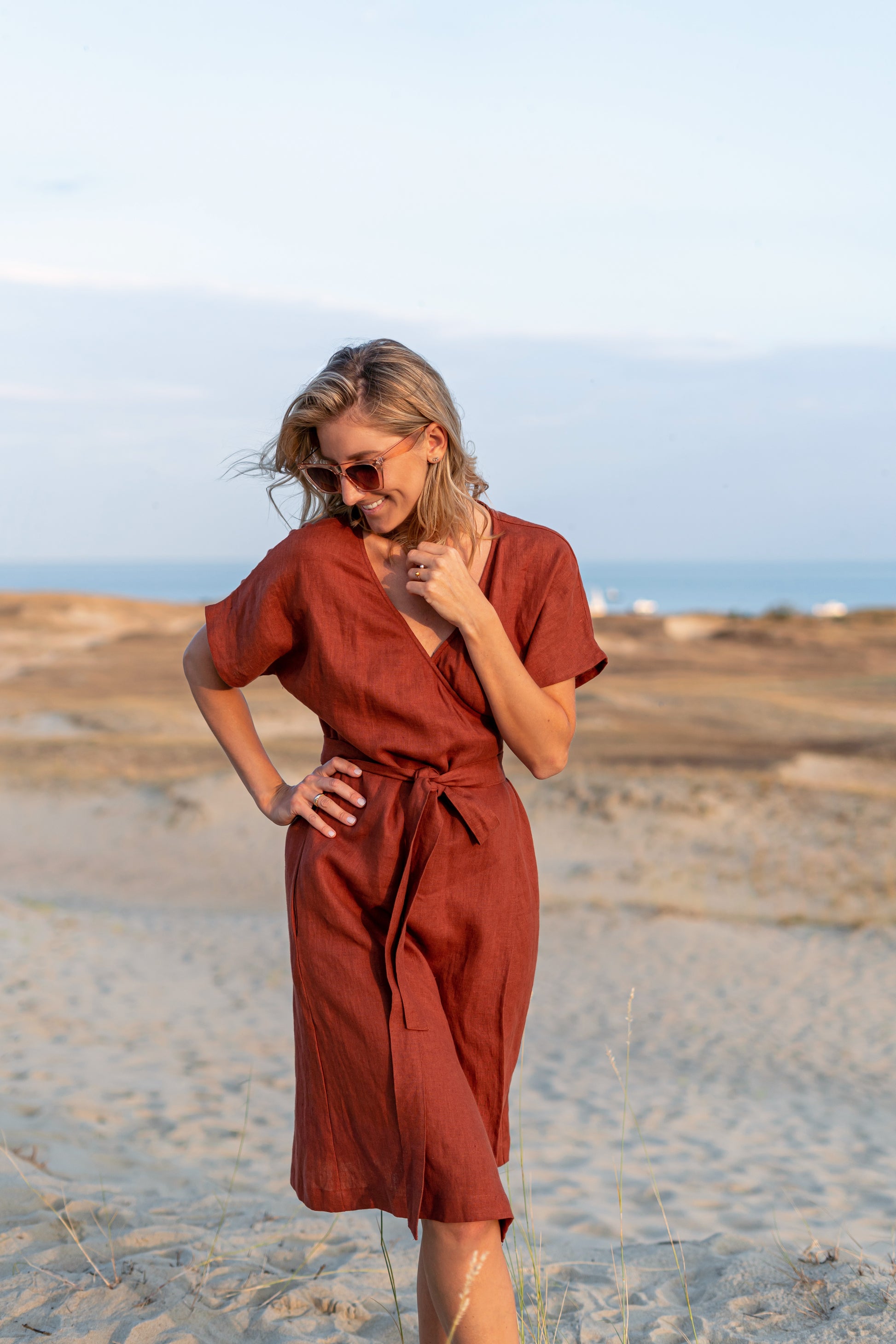 Emma linen dress natural light view handmade linen dress slow fashion