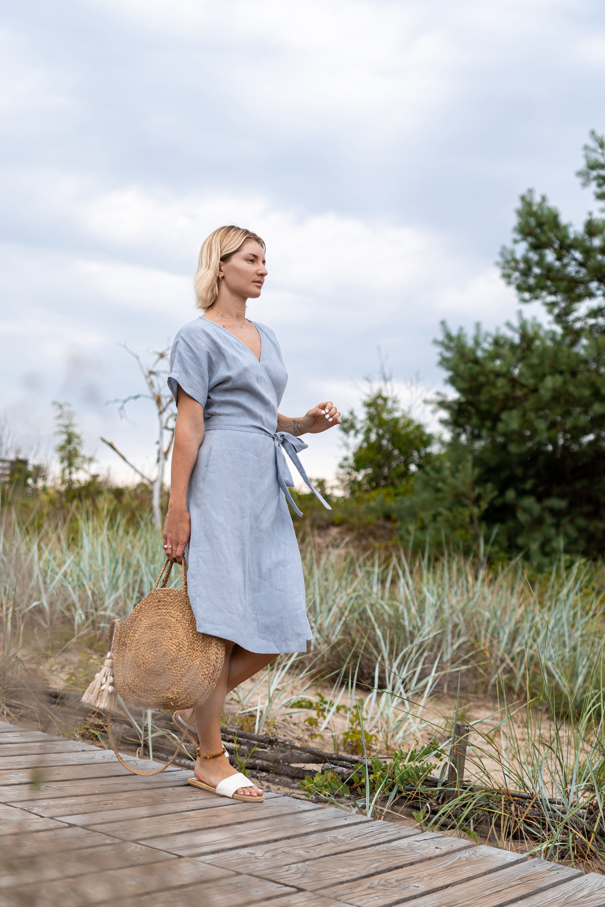 Emma linen dress open coastal setting, handmade linen dress slow fashion