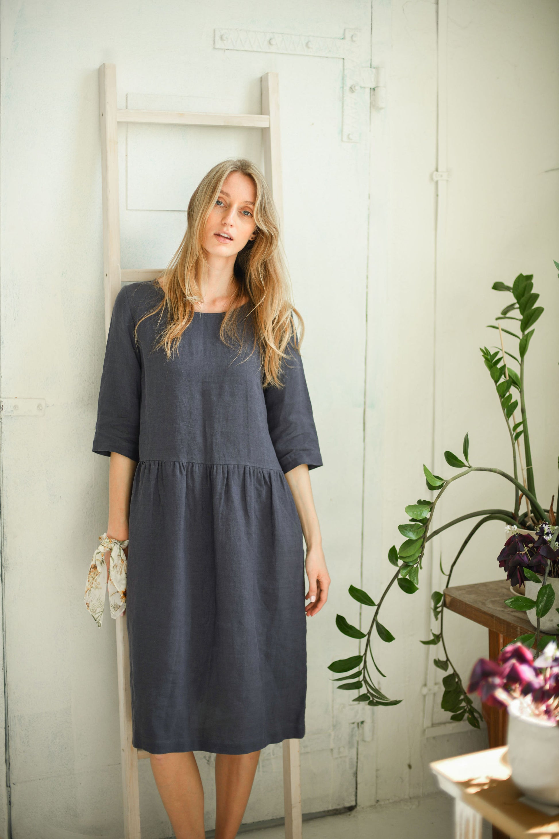 Erika linen dress elbow sleeve detail handmade linen dress slow fashion