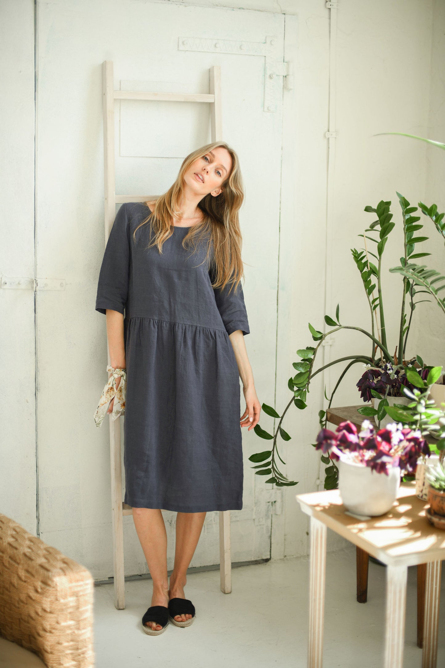 Erika linen dress front view handmade linen dress slow fashion