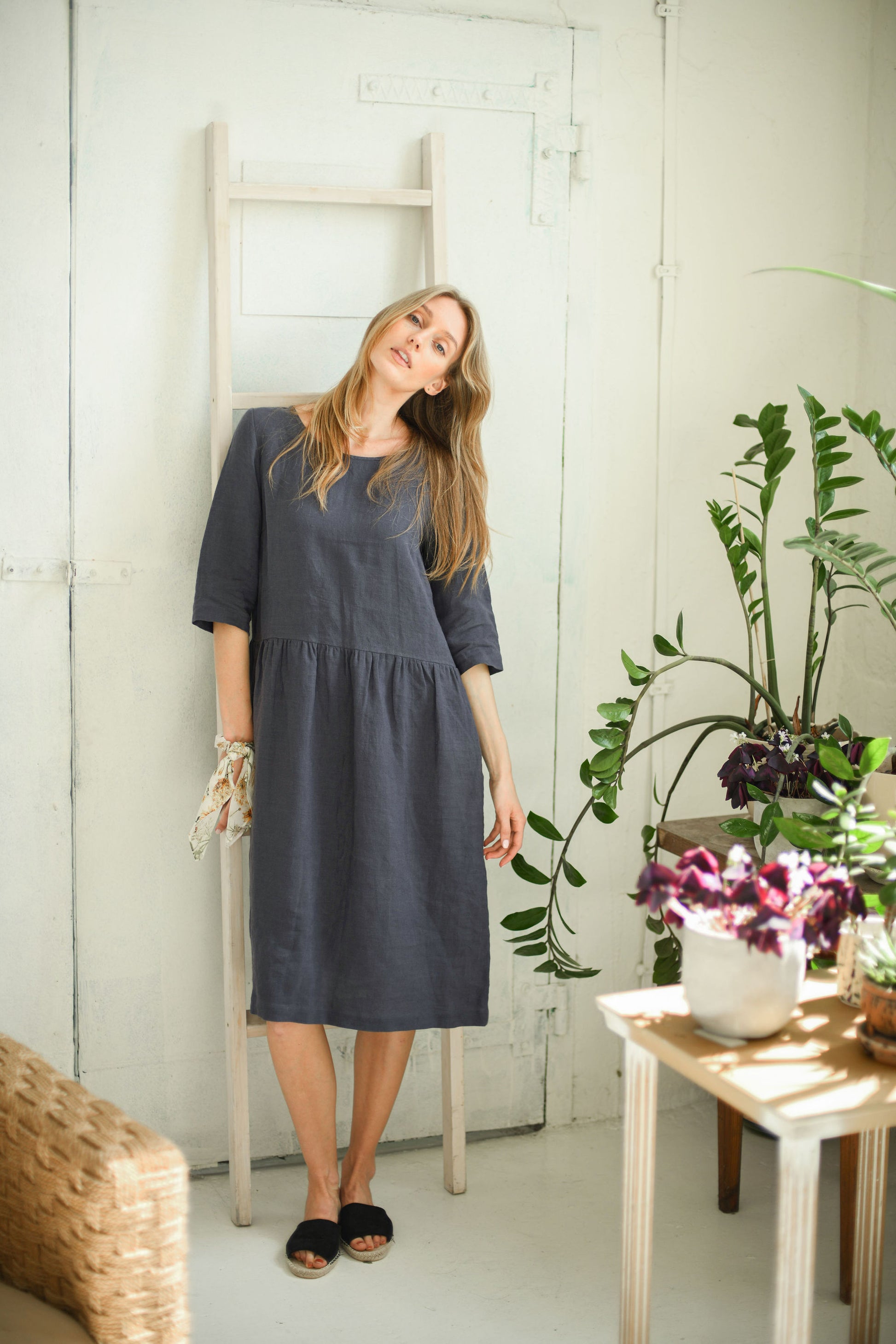 Erika linen dress front view handmade linen dress slow fashion