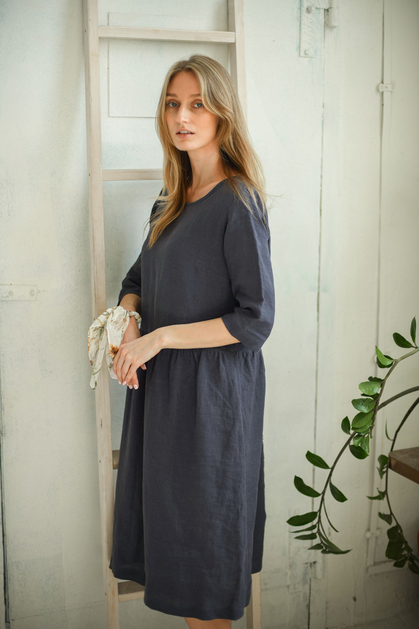 Erika linen dress tie waist detail handmade linen dress slow fashion