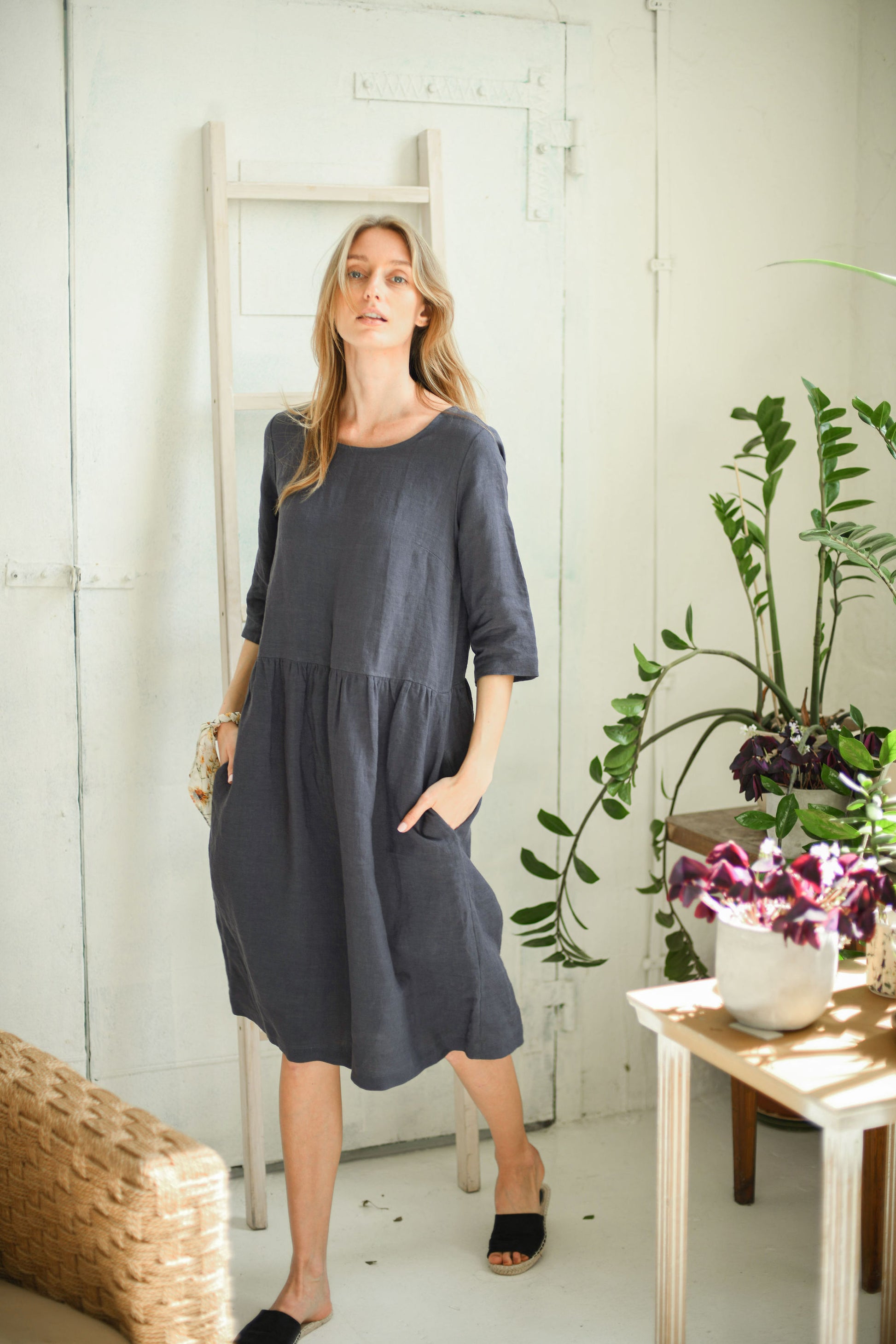 Erika linen dress back view handmade linen dress slow fashion