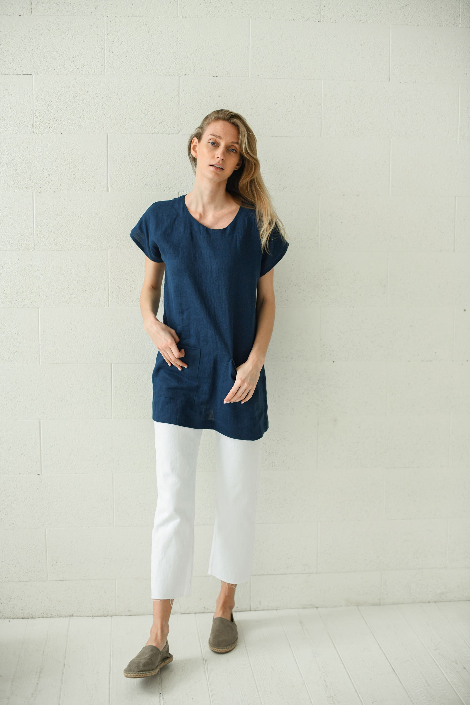 Evelyn linen top casual pose handmade linen top slow fashion