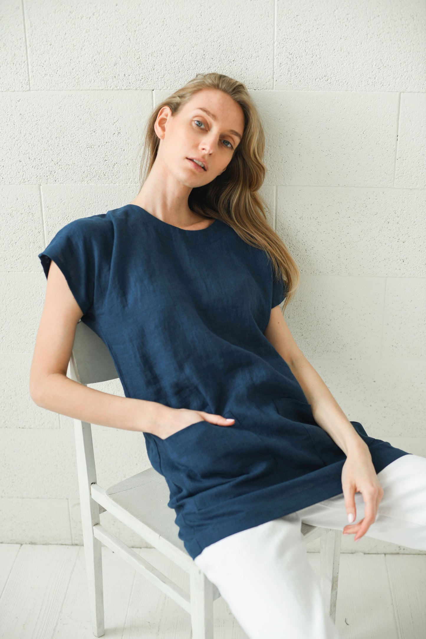Evelyn linen top sitting pose handmade linen top slow fashion