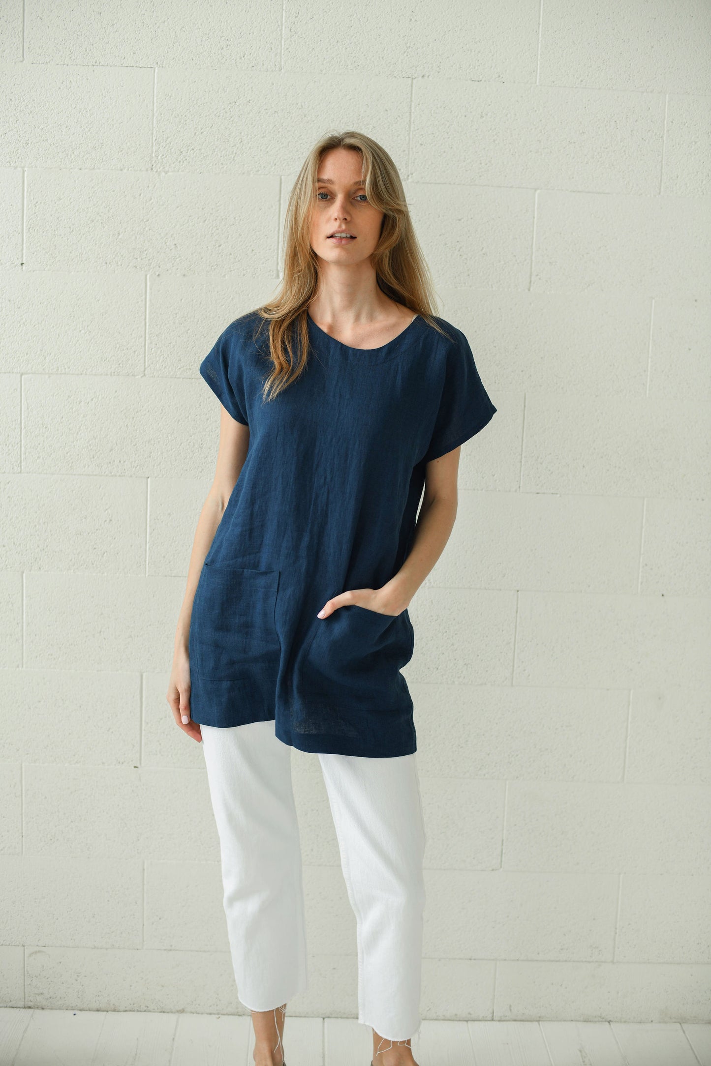 Evelyn linen top front hand in pocket, handmade linen top slow fashion