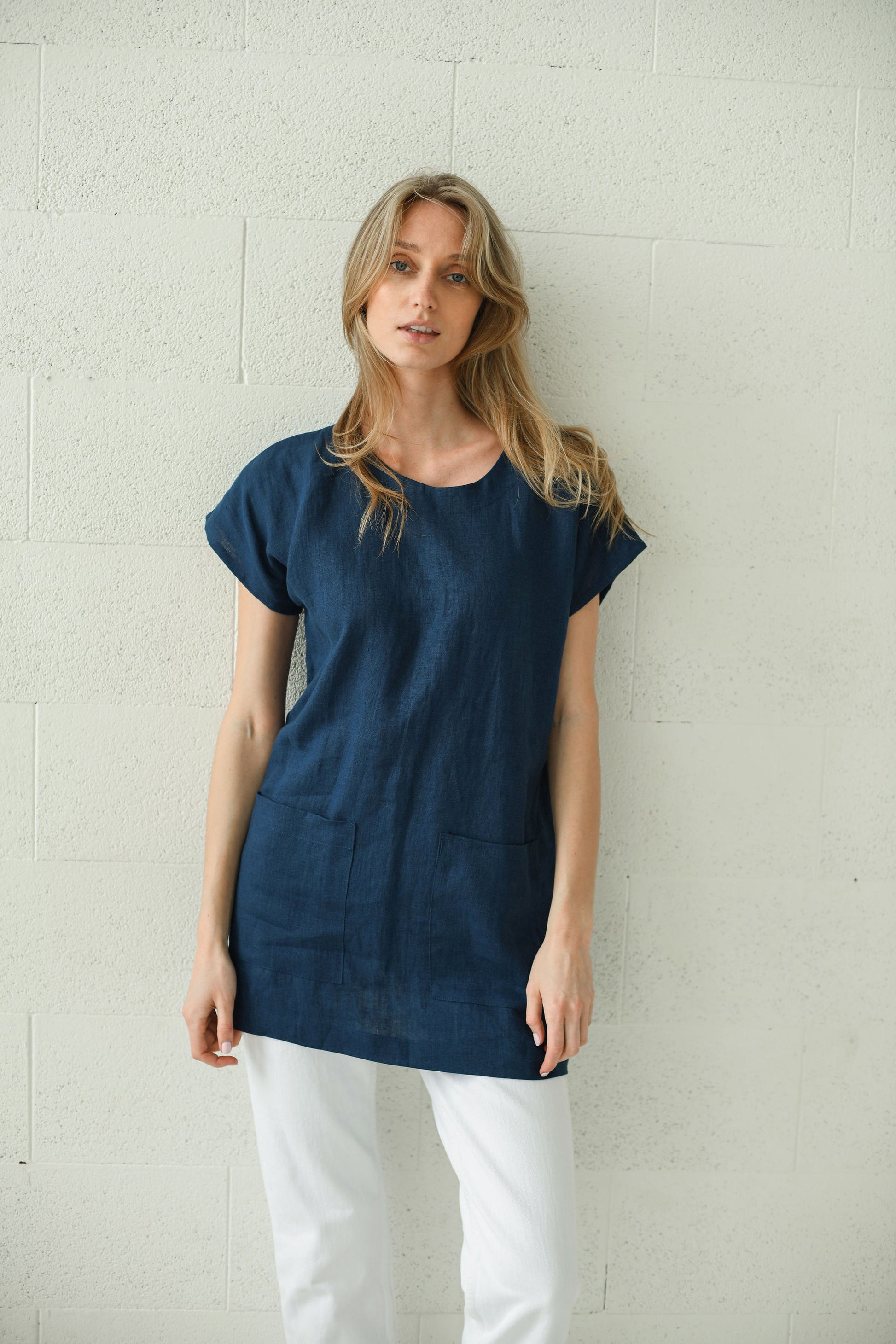 Evelyn linen top with round neckline, handmade linen top slow fashion