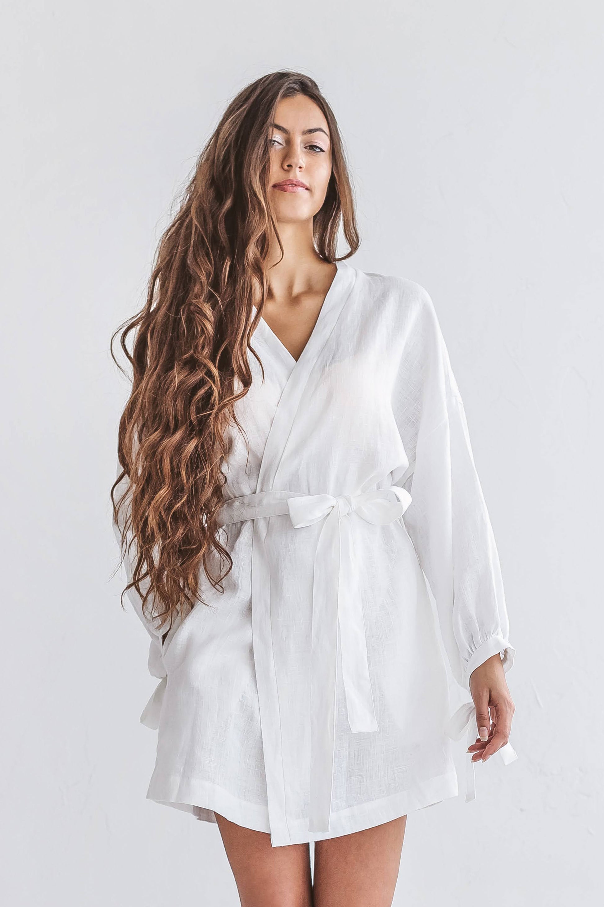 Lauren linen robe photographed outdoors showing natural movement