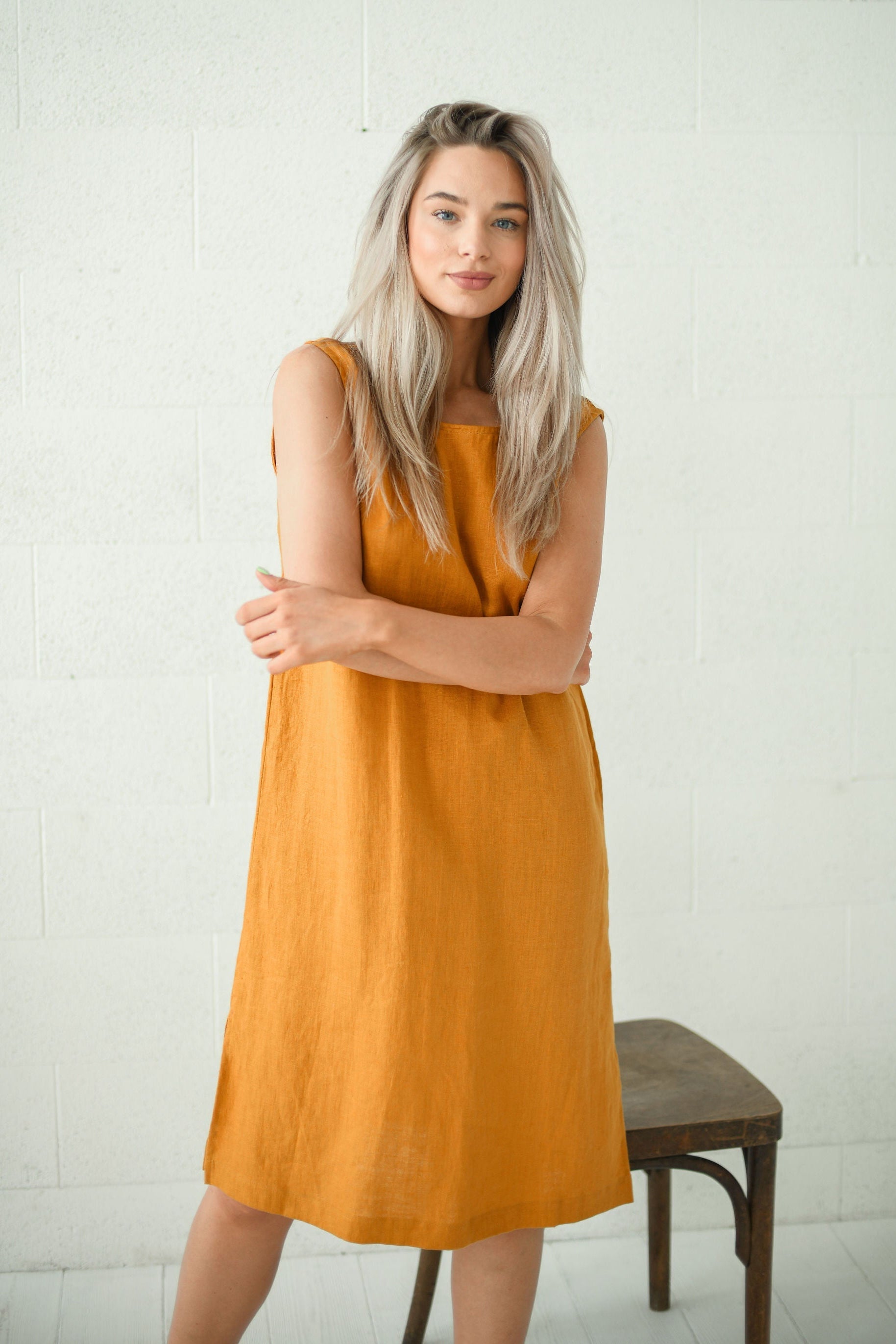 AVERY mustard linen midi dress front full studio view handmade linen dress slow fashion