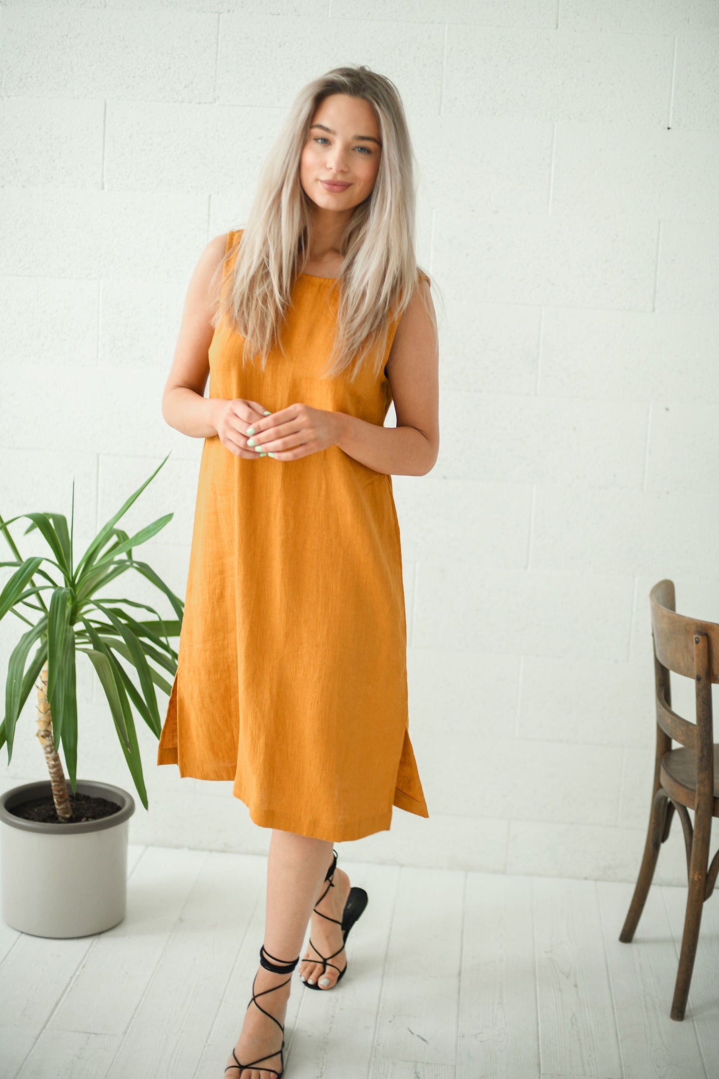 AVERY mustard linen midi dress front with chair handmade linen dress slow fashion