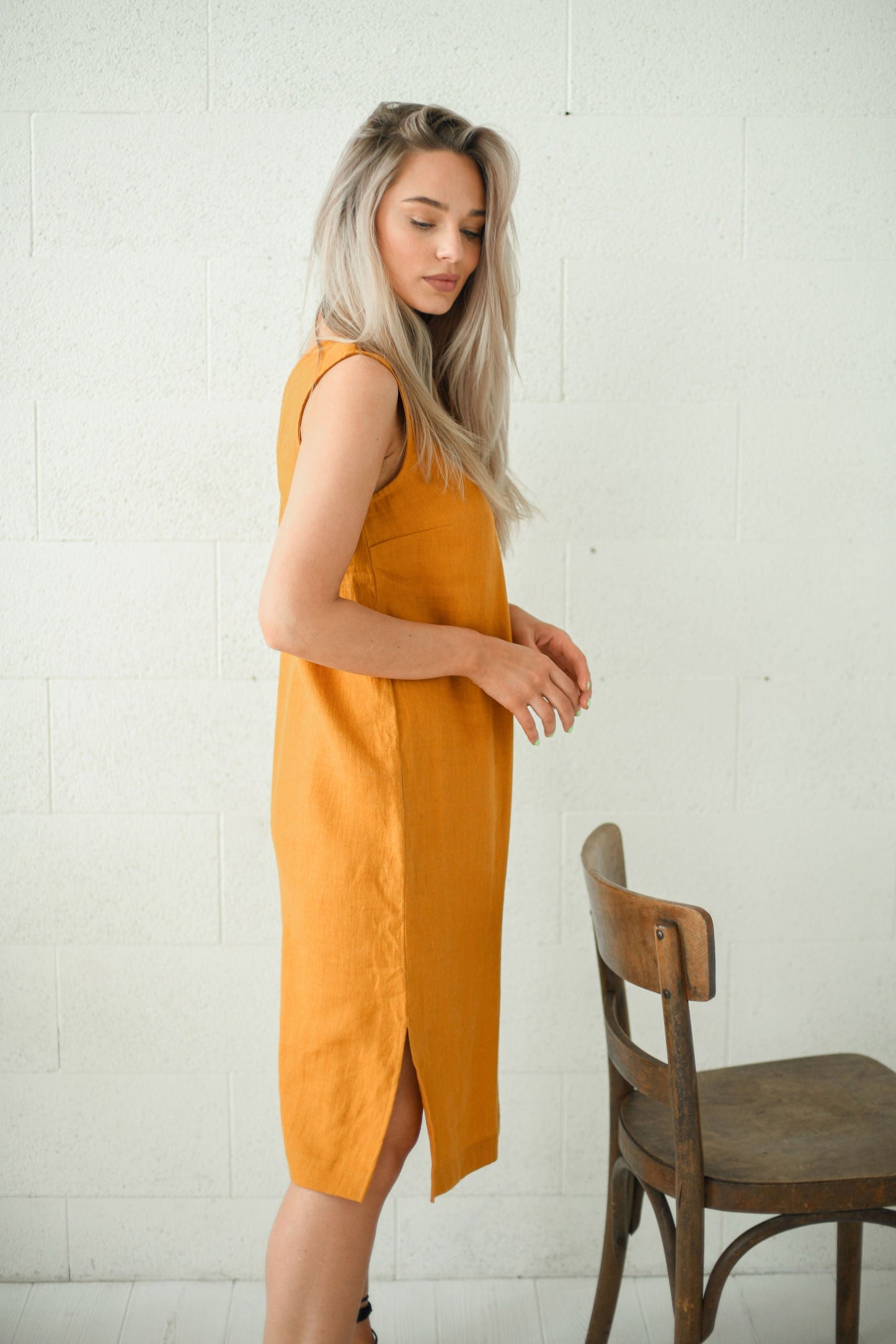 AVERY mustard linen midi dress side left full studio view handmade linen dress slow fashion