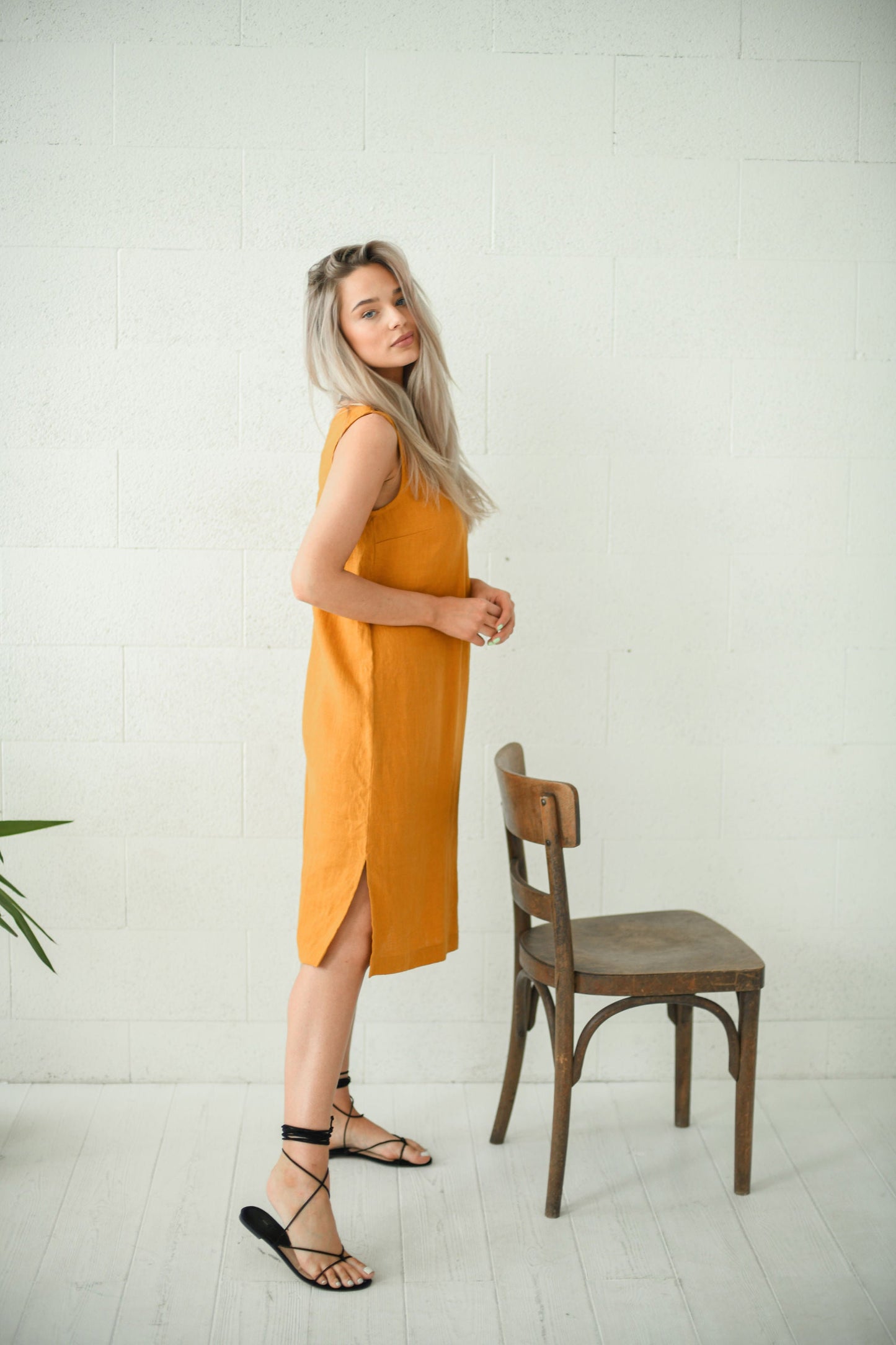 AVERY mustard linen midi dress three quarter studio view handmade linen dress slow fashion