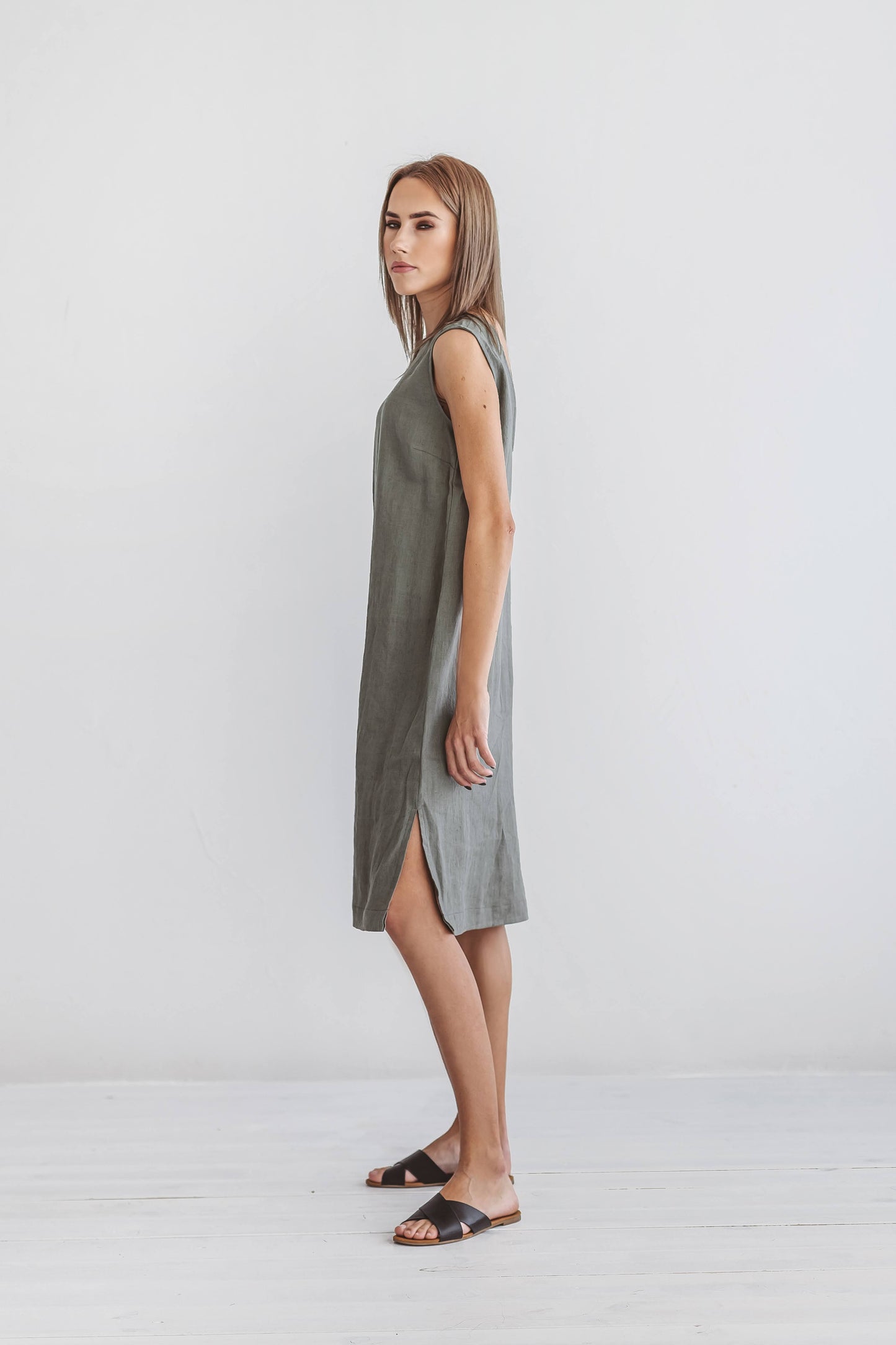 AVERY khaki linen midi dress back full view handmade linen dress slow fashion
