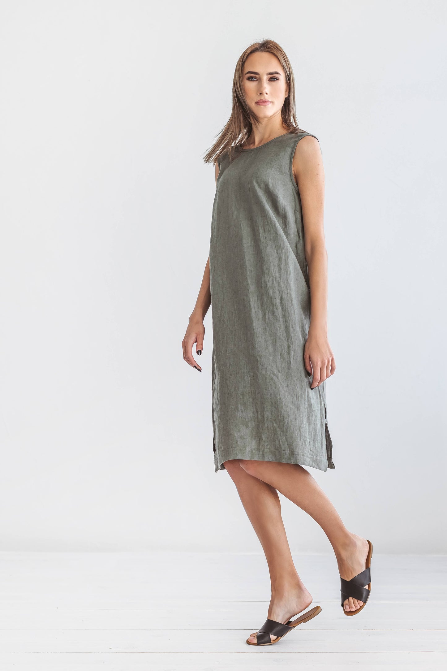 AVERY khaki linen midi dress back three quarter view handmade linen dress slow fashion