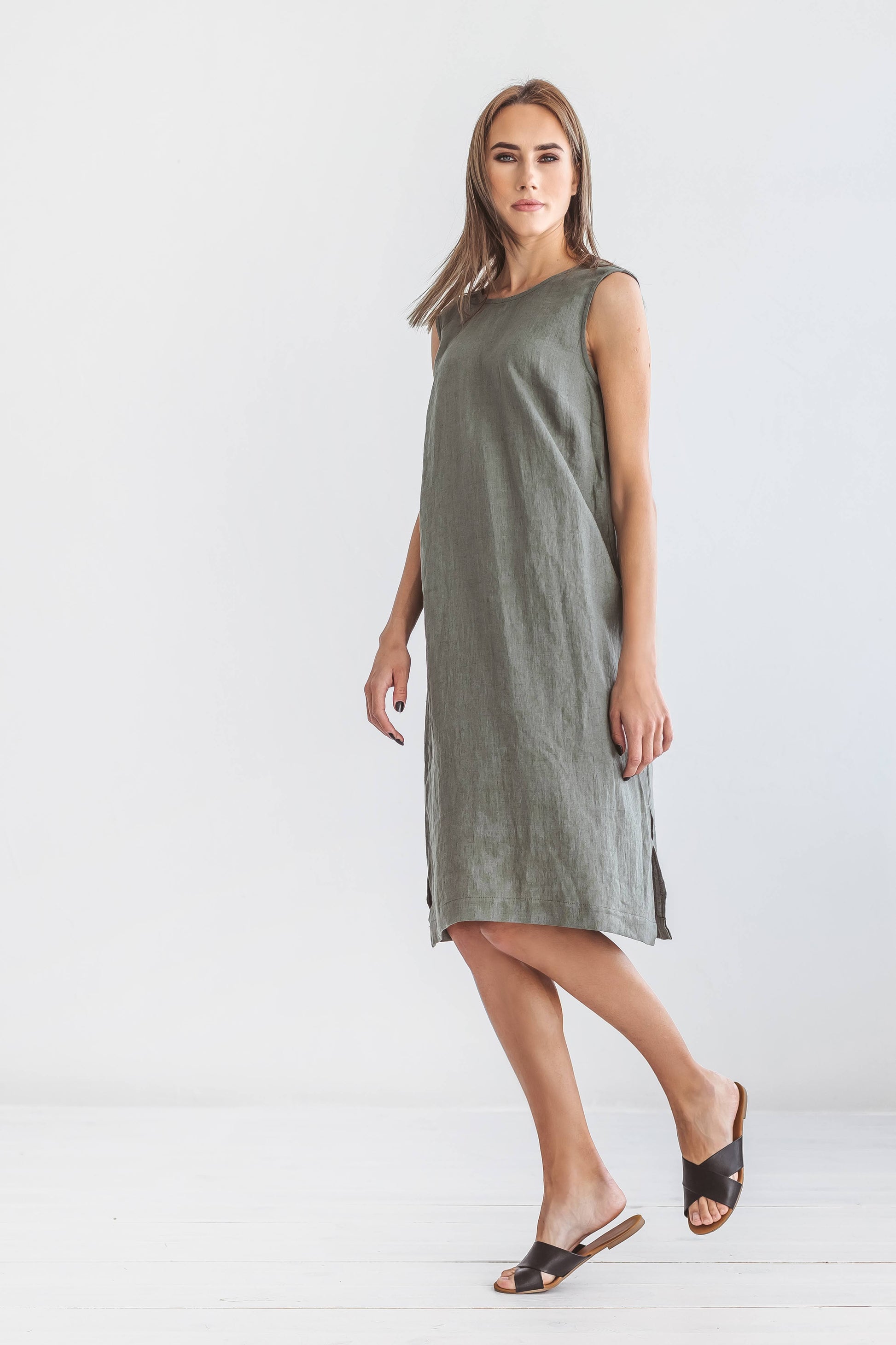 AVERY khaki linen midi dress back three quarter view handmade linen dress slow fashion