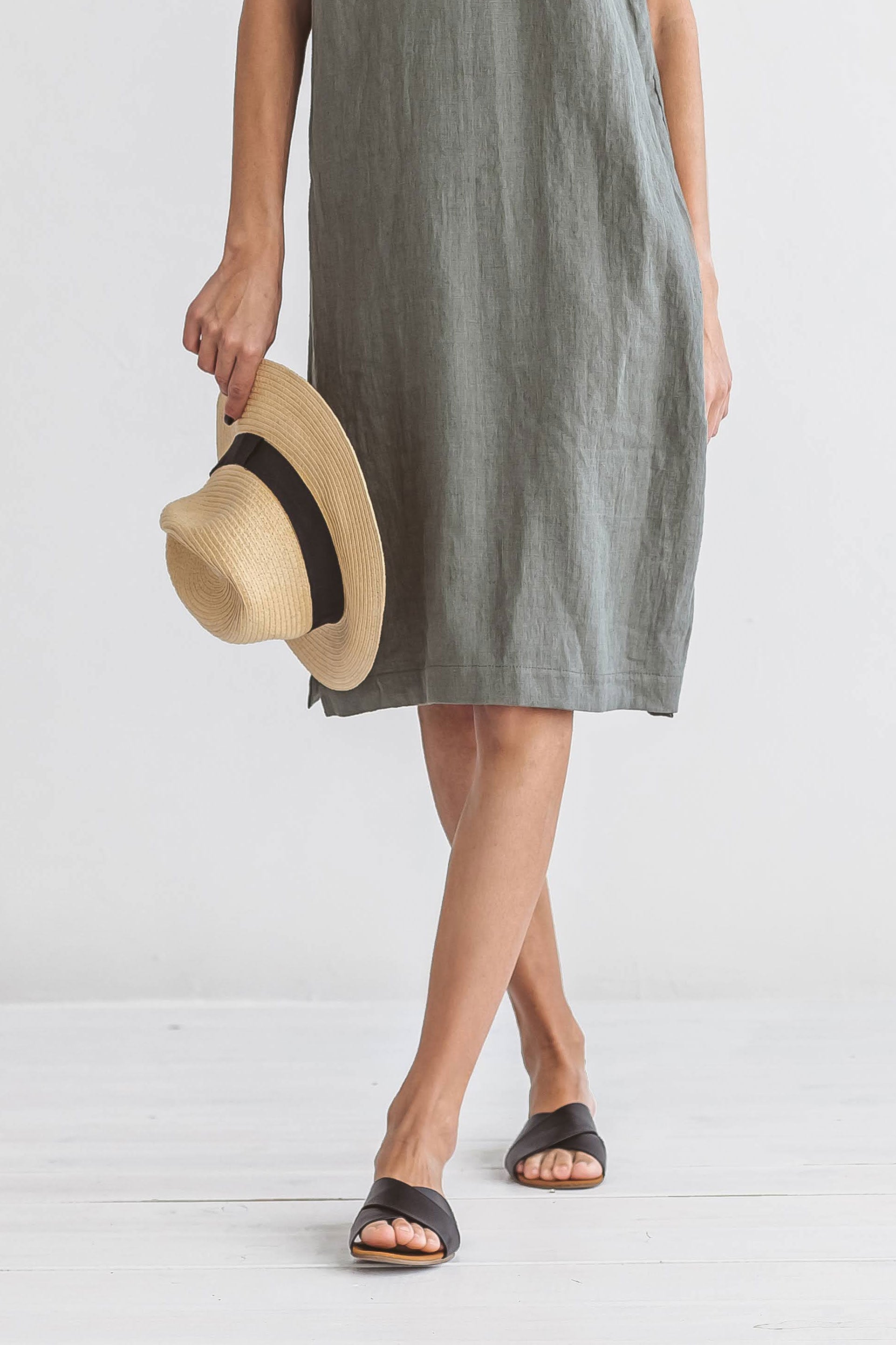 AVERY khaki linen midi dress front closeup handmade linen dress slow fashion