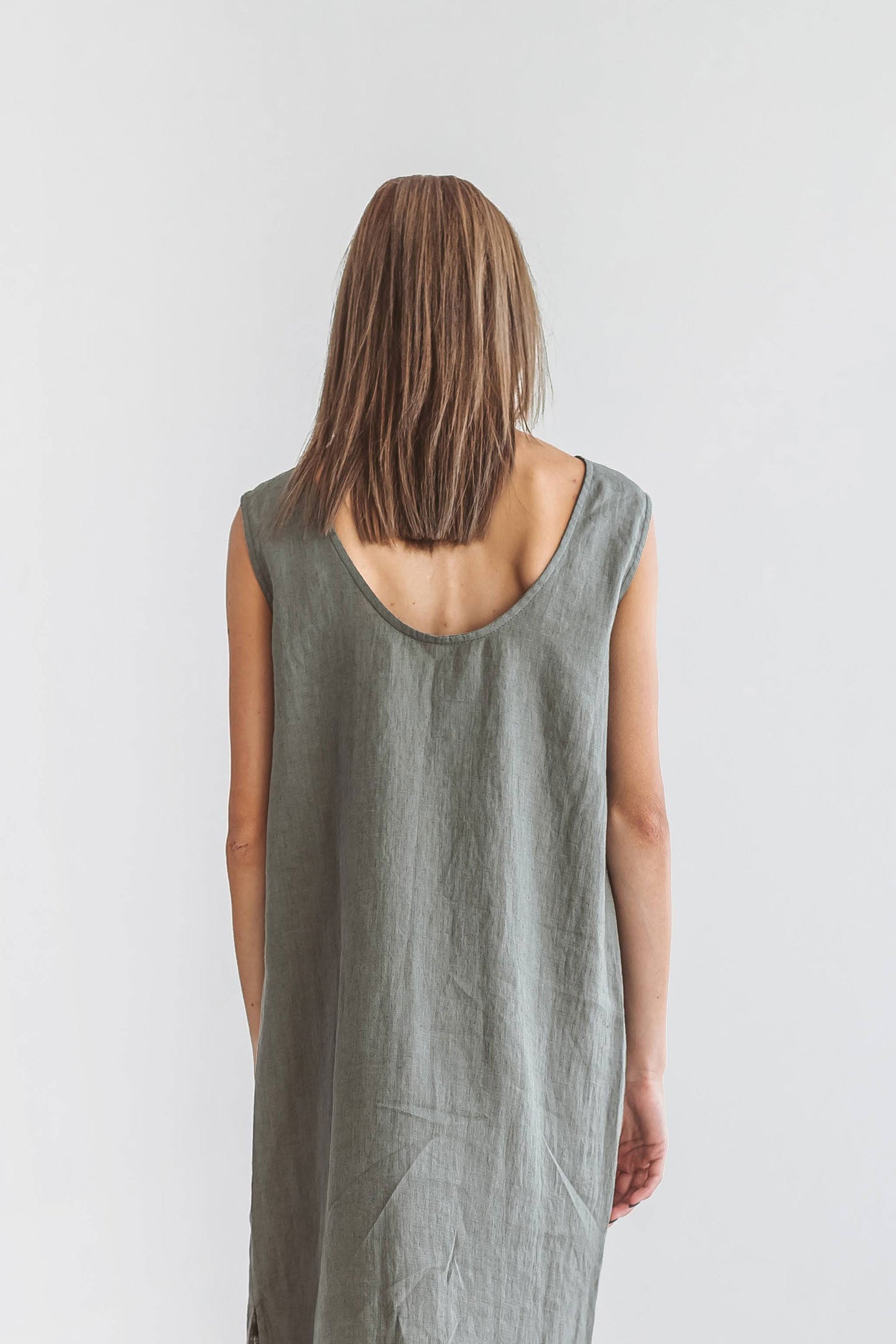 AVERY khaki linen midi dress hem detail handmade linen dress slow fashion