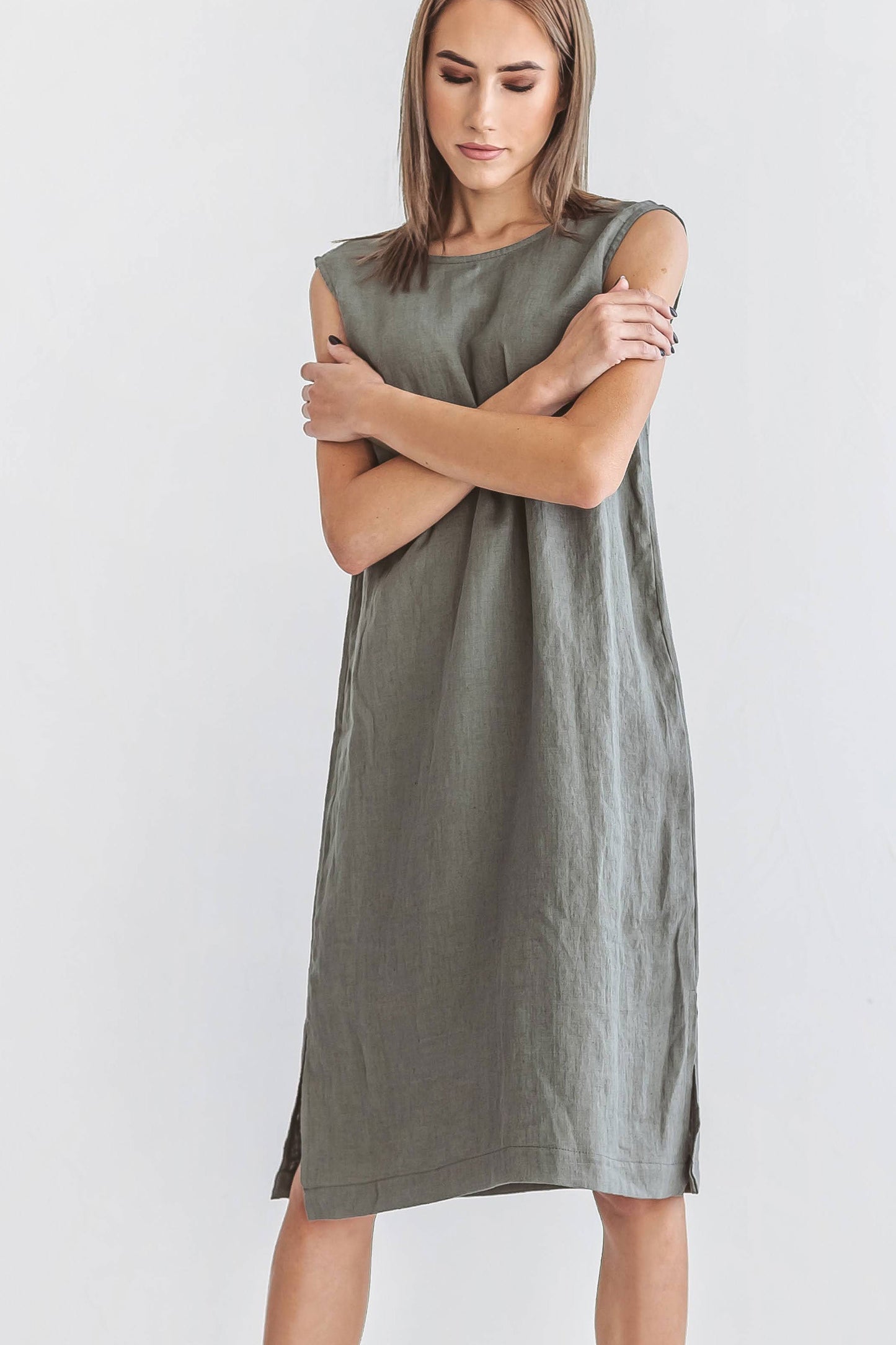 AVERY khaki linen midi dress side left walking view handmade linen dress slow fashion