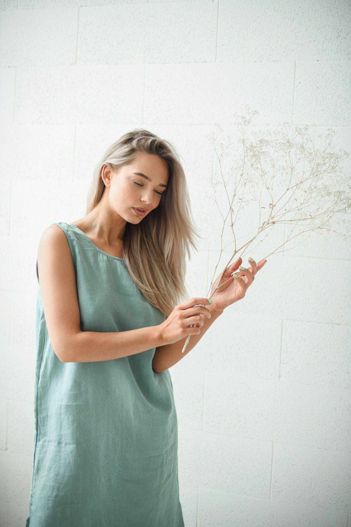 Avery linen midi dress texture detail handmade linen dress slow fashion