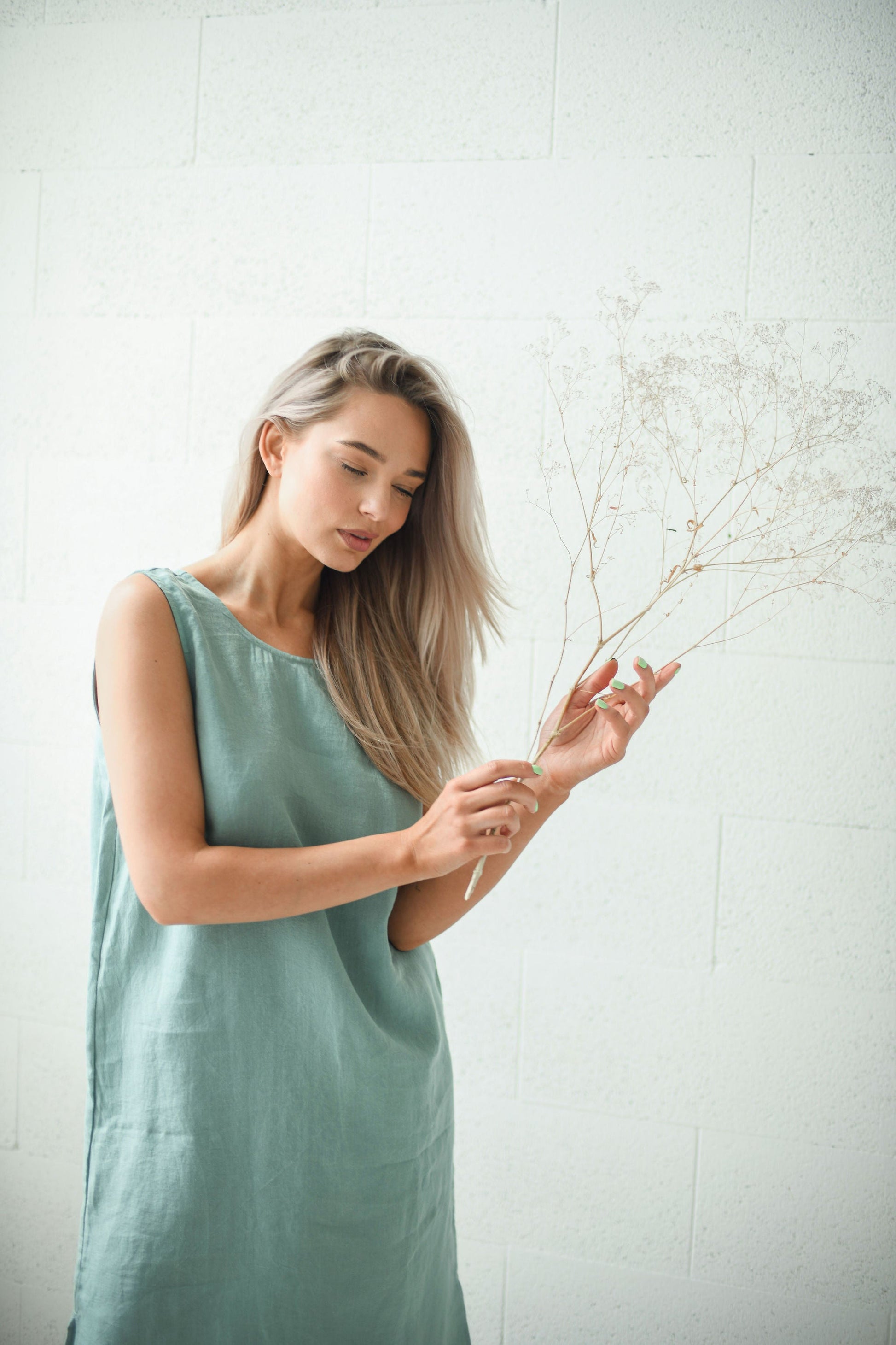 Avery linen midi dress texture detail handmade linen dress slow fashion