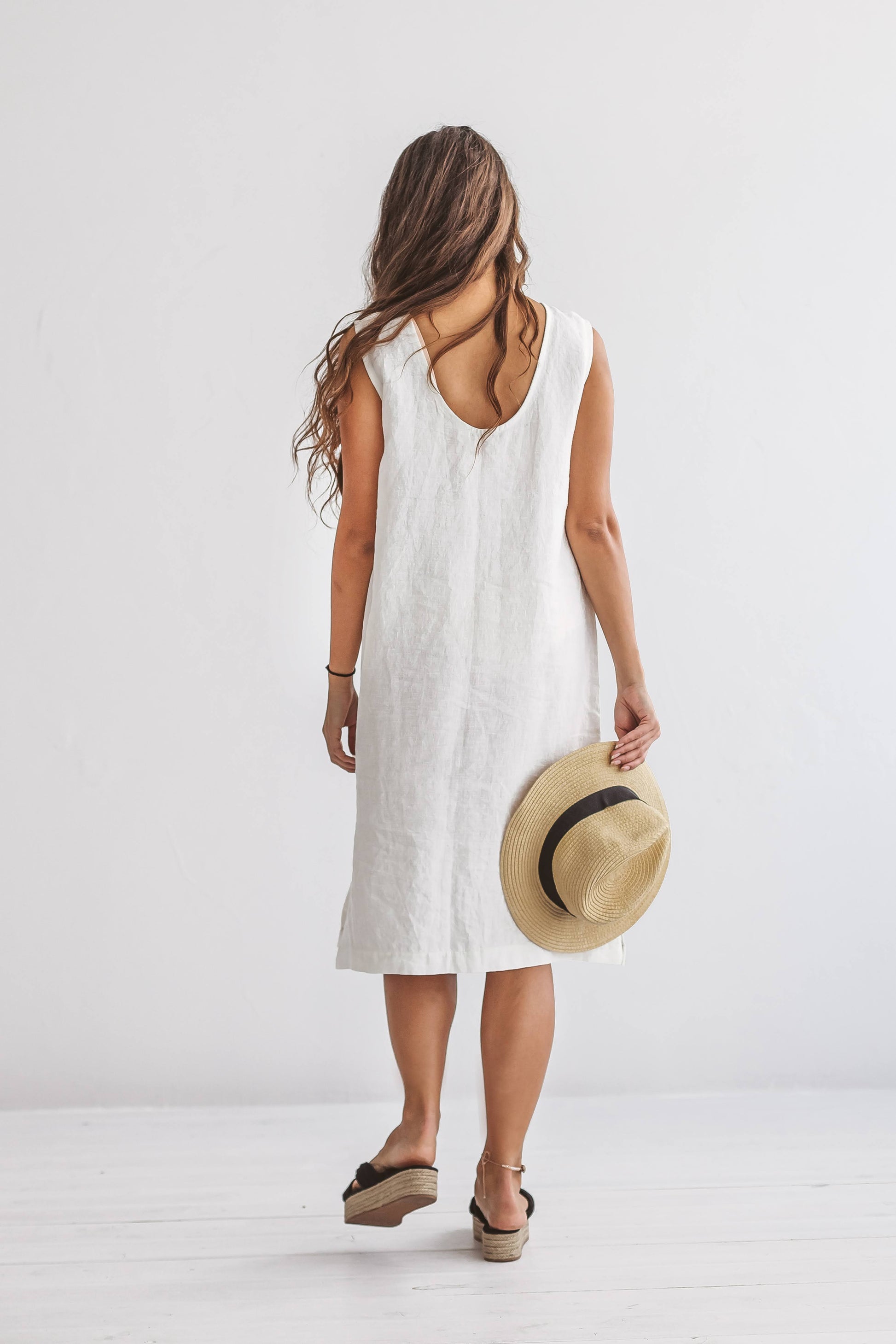 AVERY white linen midi dress back full studio view handmade linen dress slow fashion