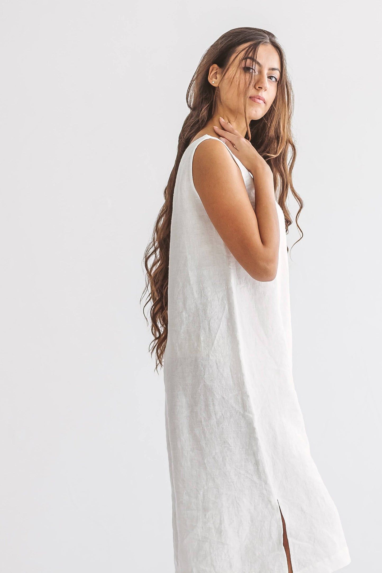 AVERY white linen midi dress back movement studio view handmade linen dress slow fashion