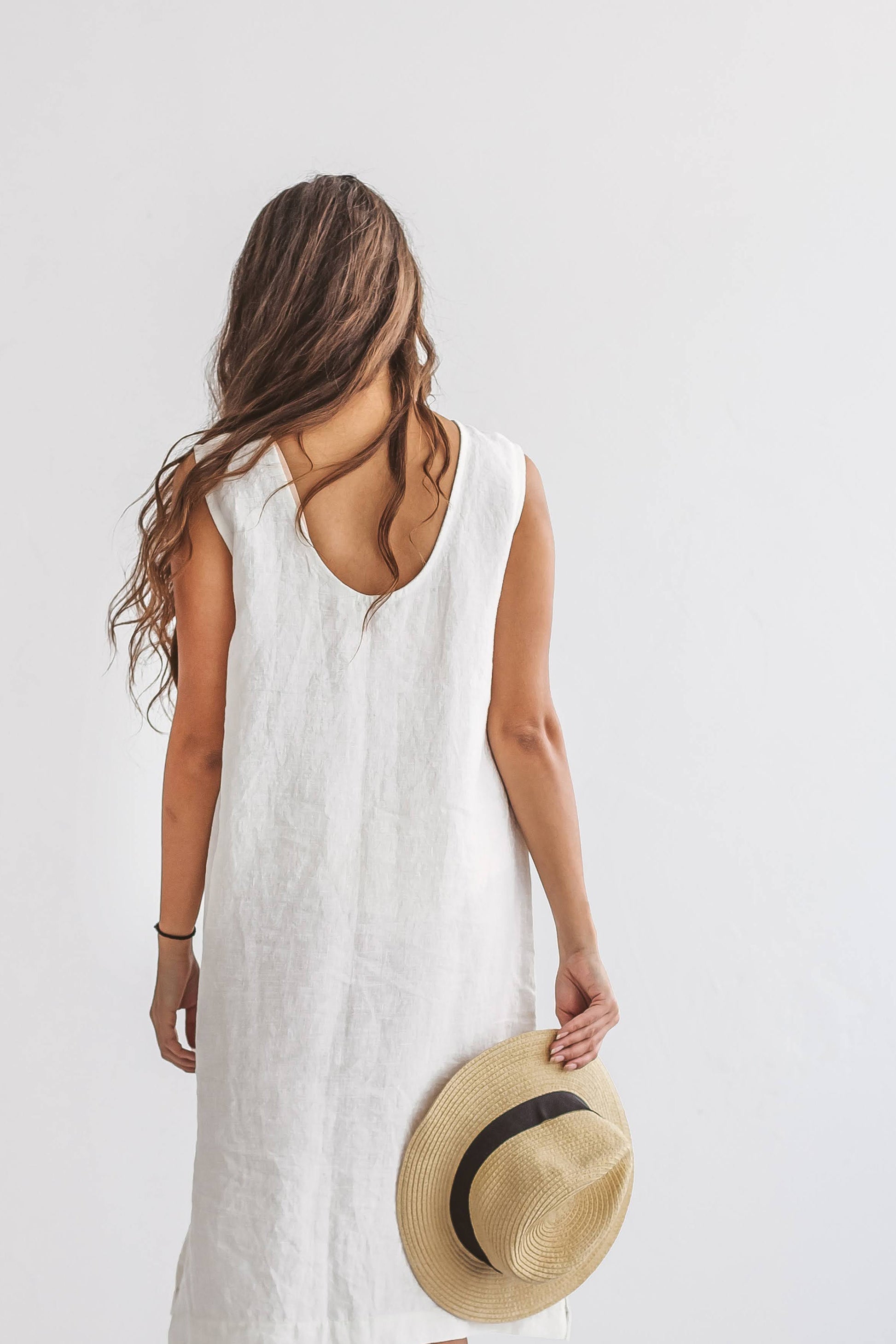 AVERY white linen midi dress back three quarter studio view handmade linen dress slow fashion