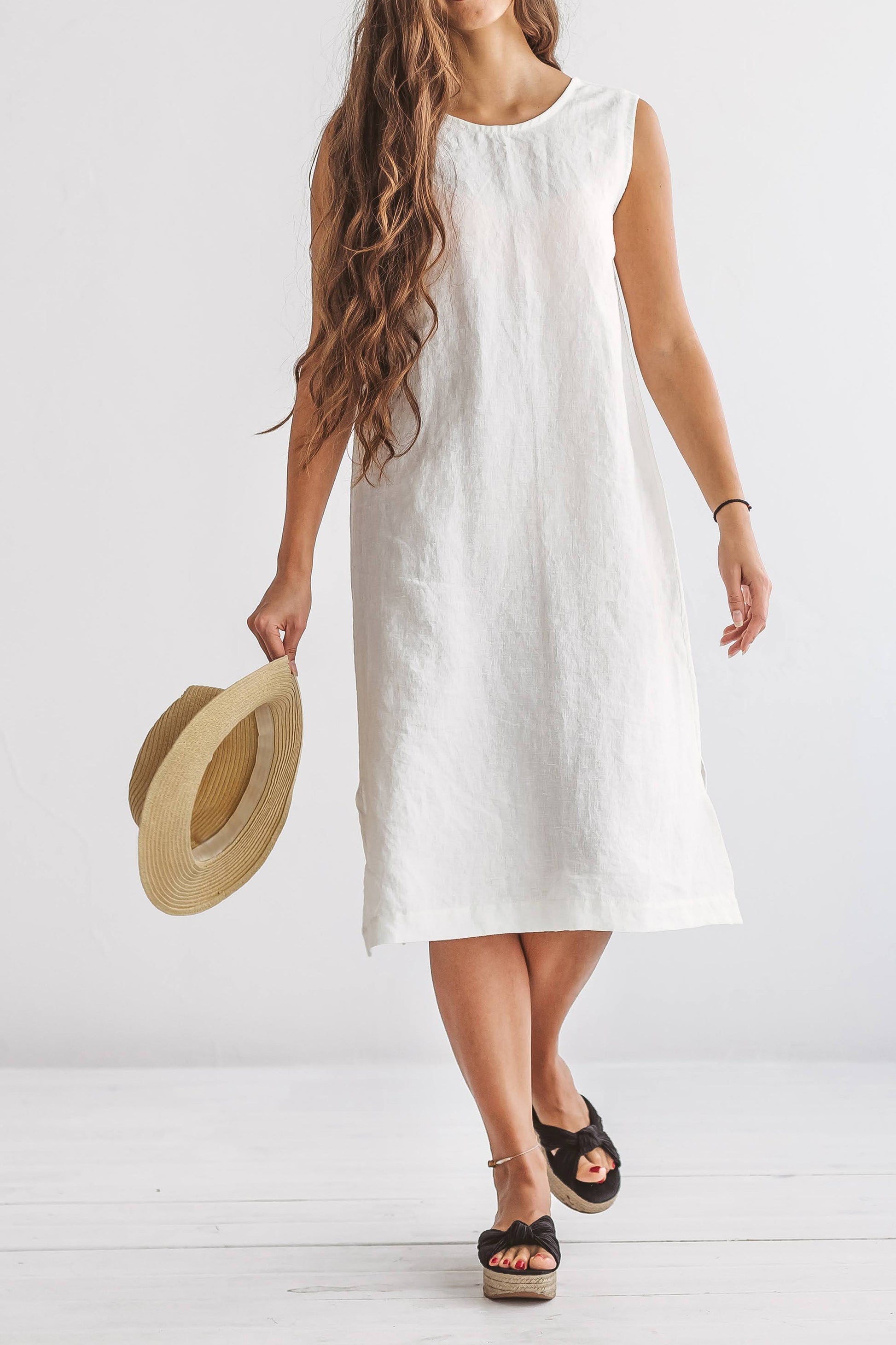 AVERY white linen midi dress front closeup studio view handmade linen dress slow fashion
